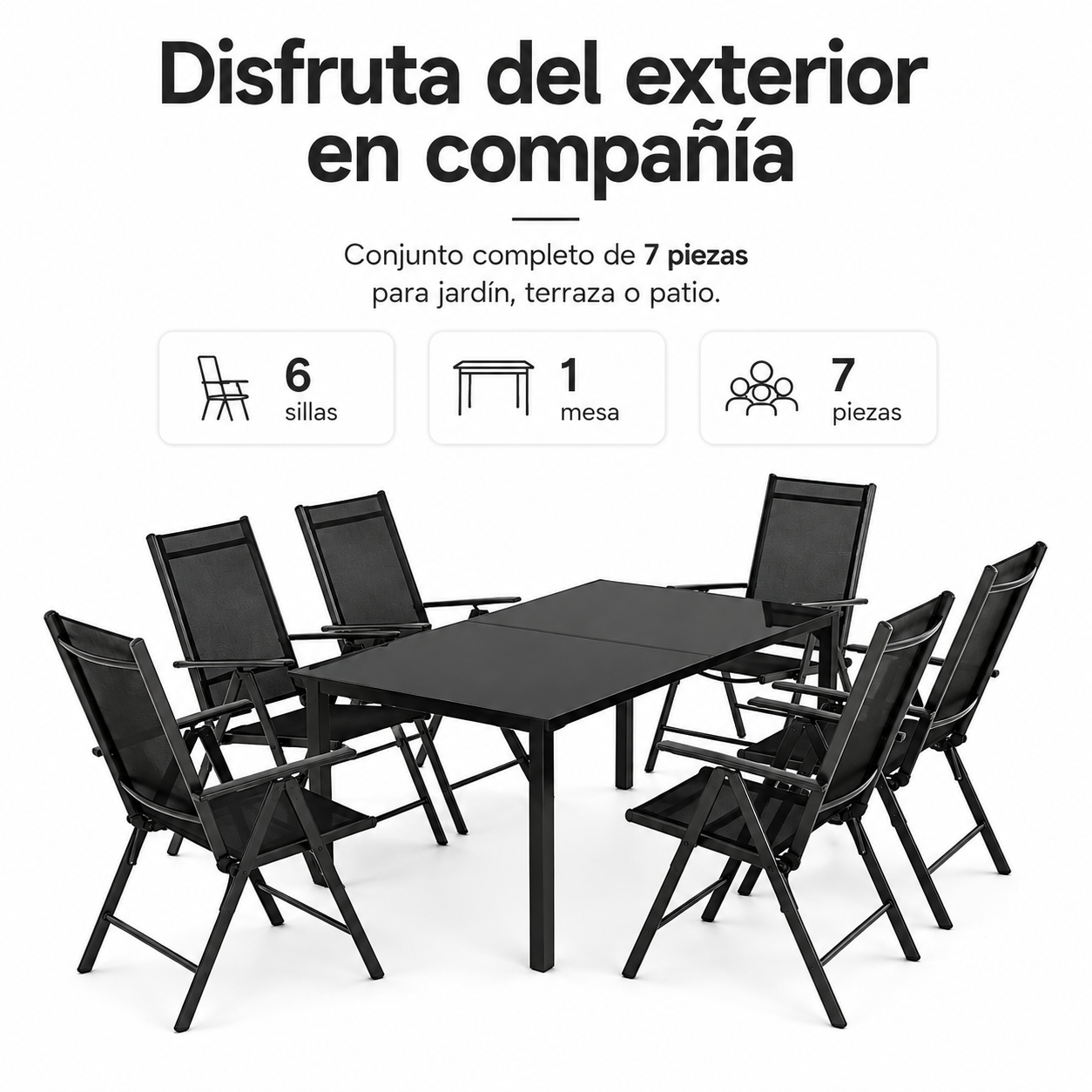 Un conjunto de comedor de exterior negro de 7 piezas con una mesa rectangular y seis sillas.