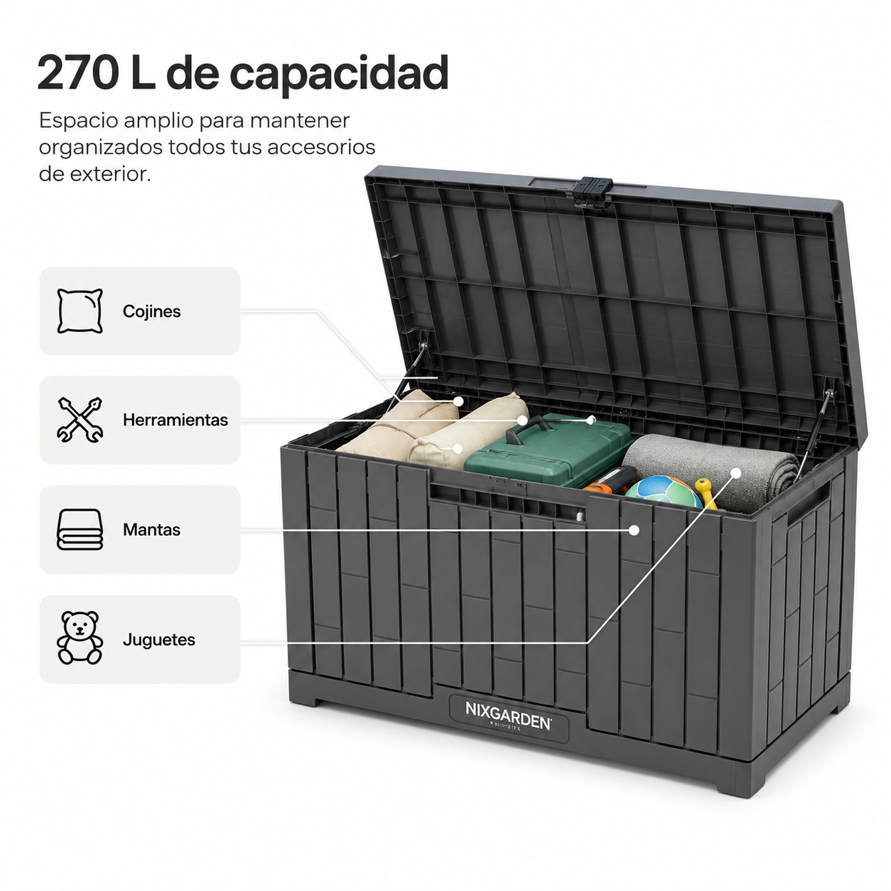 Caja de almacenamiento gris de 270L con tapa abierta, llena de cojines, herramientas, mantas y juguetes, con texto.