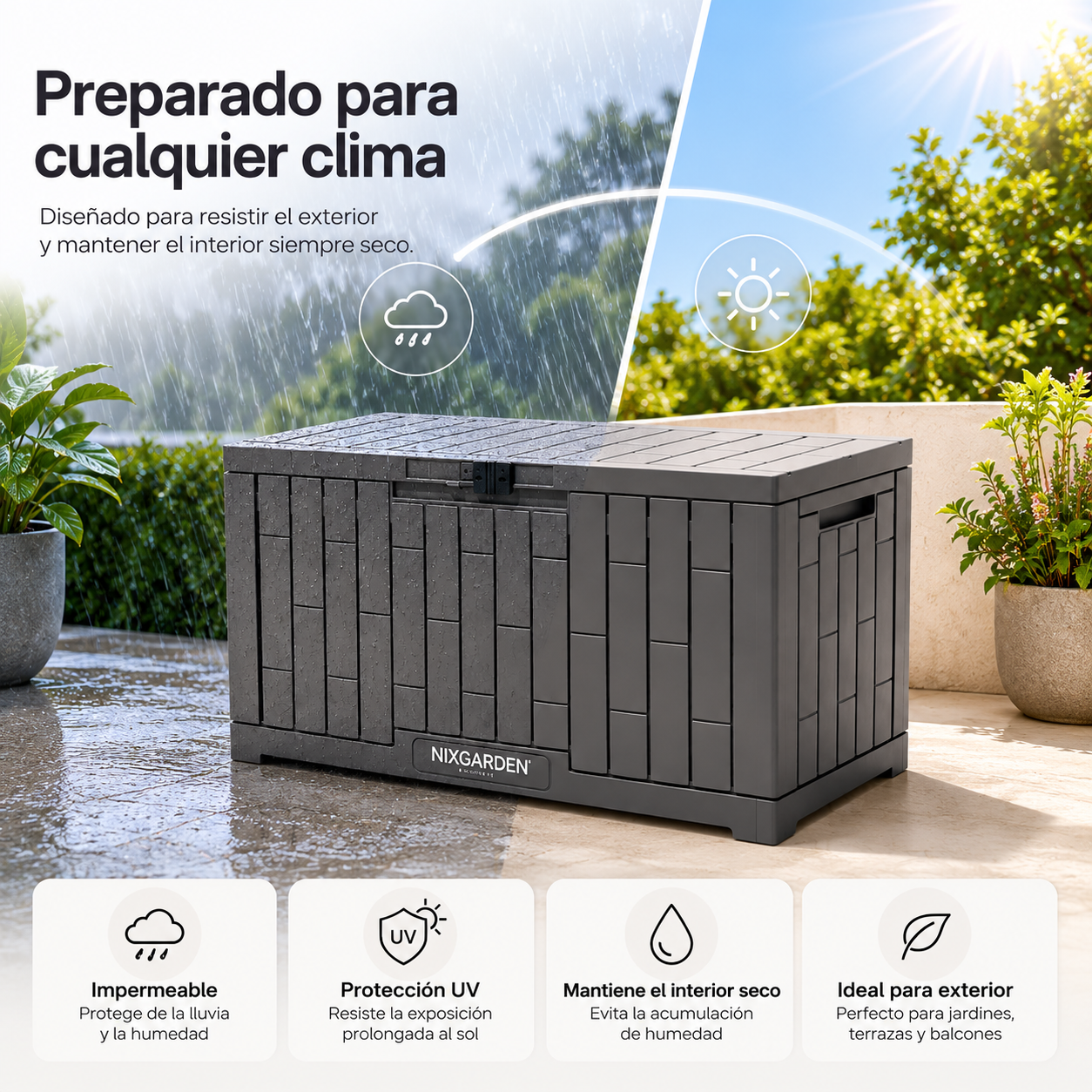 Baúl de almacenamiento gris resistente a la intemperie con texto publicitario.