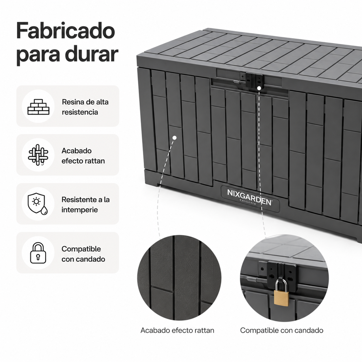 Caja de almacenamiento Nixgarden gris con acabado de ratán, resistencia a la intemperie y compatible con candado.