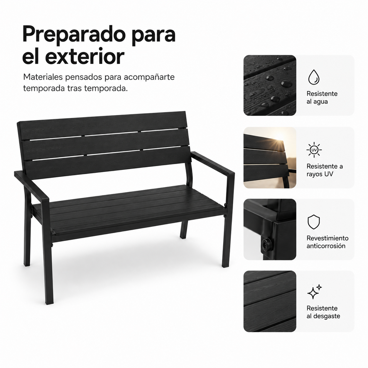 Un banco negro de exterior con cuatro iconos a la derecha que destacan resistencia al agua, rayos UV, corrosión y desgaste.