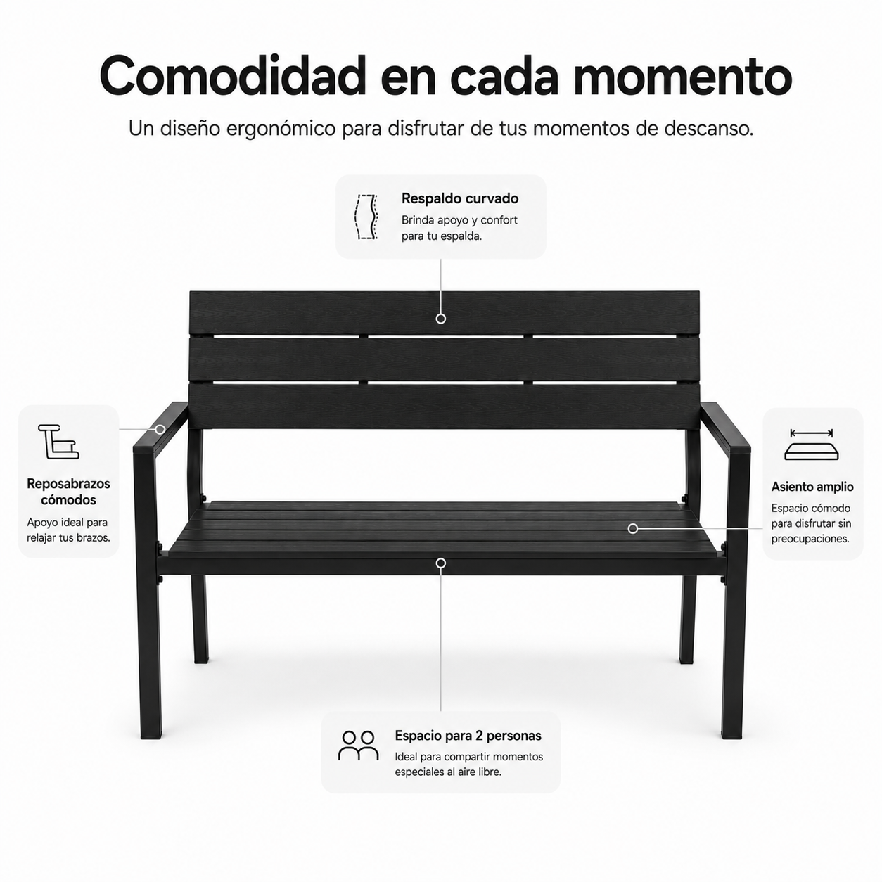 Un banco negro para dos personas con características resaltadas, incluyendo respaldo curvo y asiento ancho.