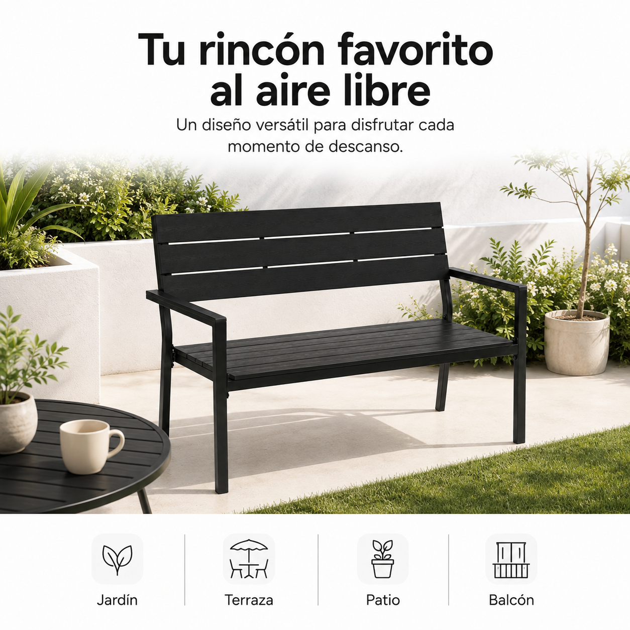 Un banco de jardín negro de madera en un patio con una mesita, plantas y texto promocional arriba.