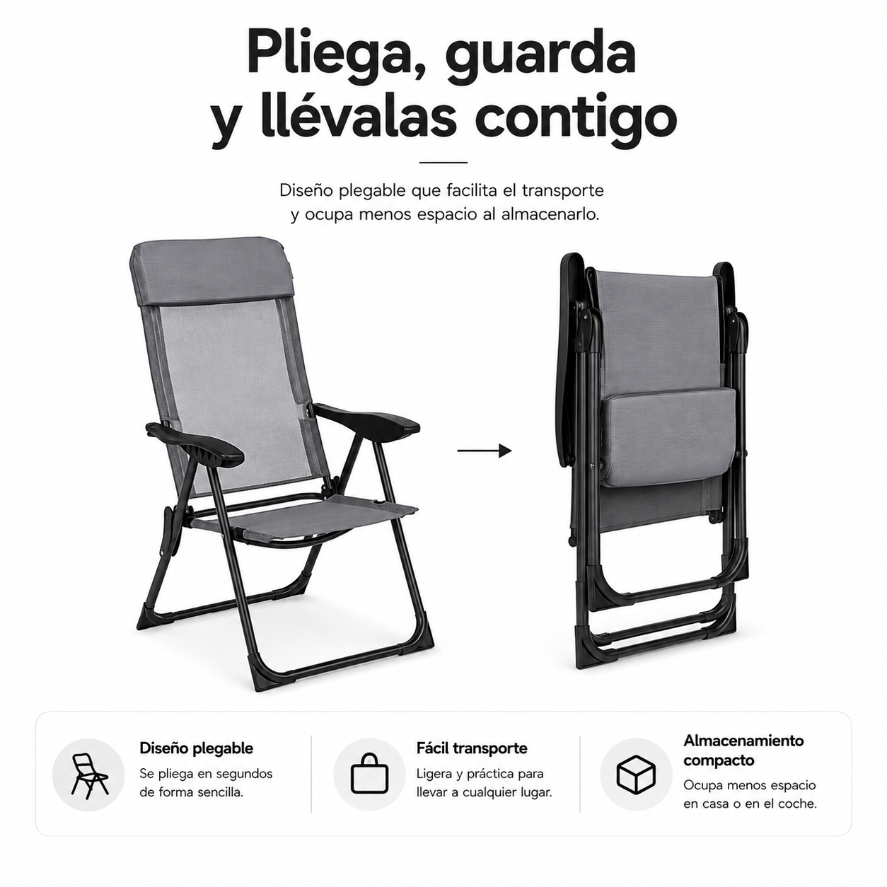 Silla de camping plegable gris y negra, abierta y plegada, con texto en español e iconos.