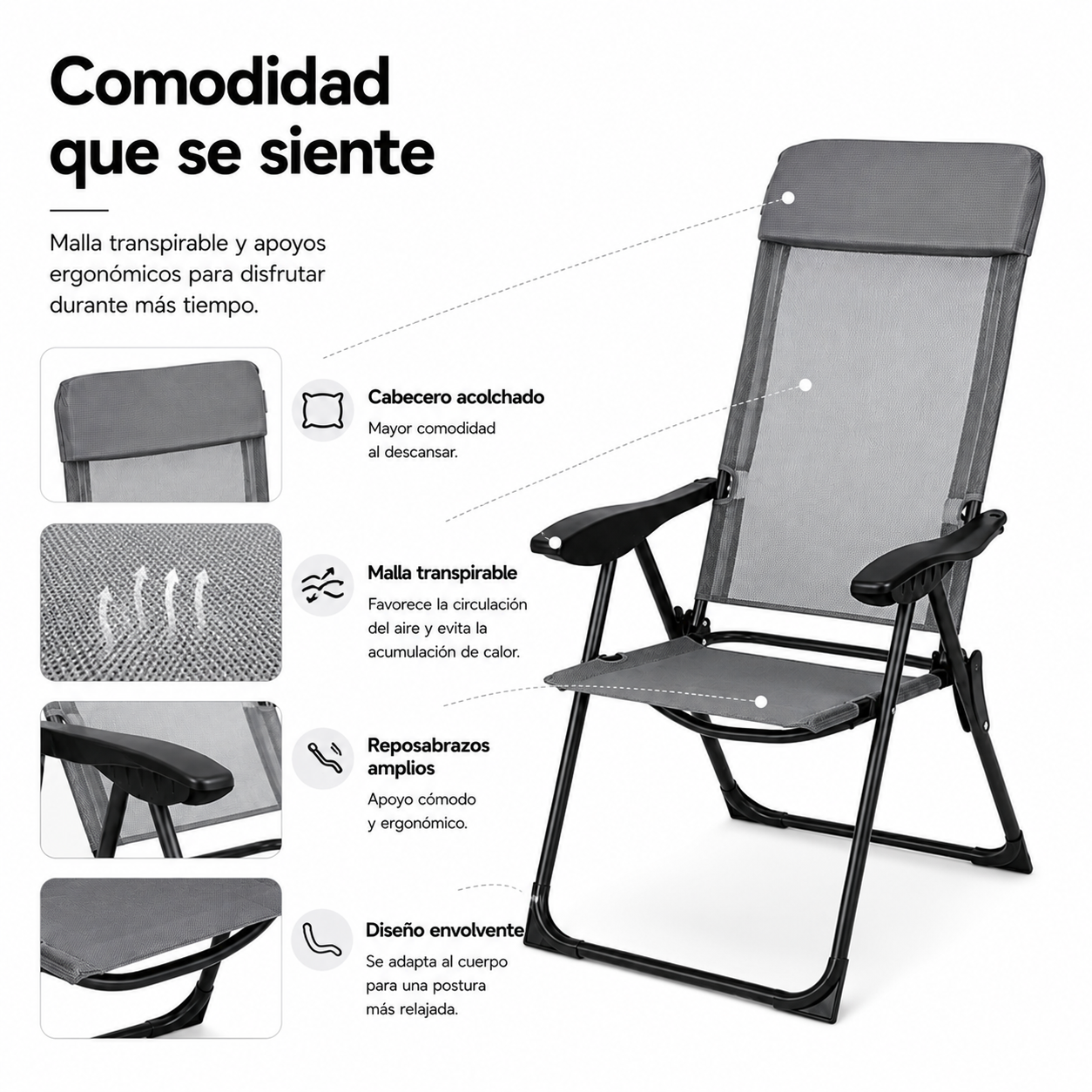 Silla de exterior plegable gris con malla y reposabrazos negros, junto a imágenes que detallan sus características.