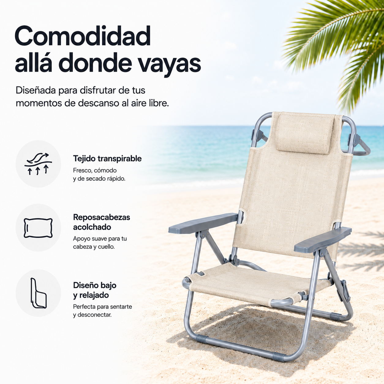 Silla de playa beige en arena con fondo de mar y texto descriptivo a la izquierda.
