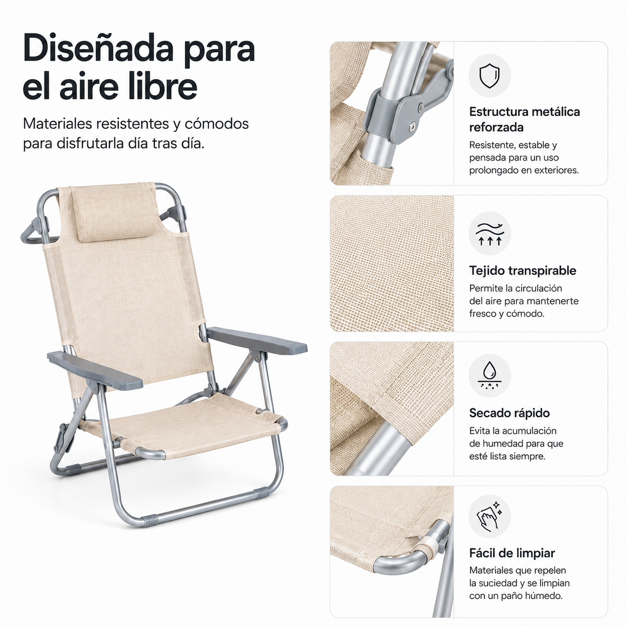 Silla de playa beis para exterior con estructura metálica, tela transpirable y fácil de limpiar.