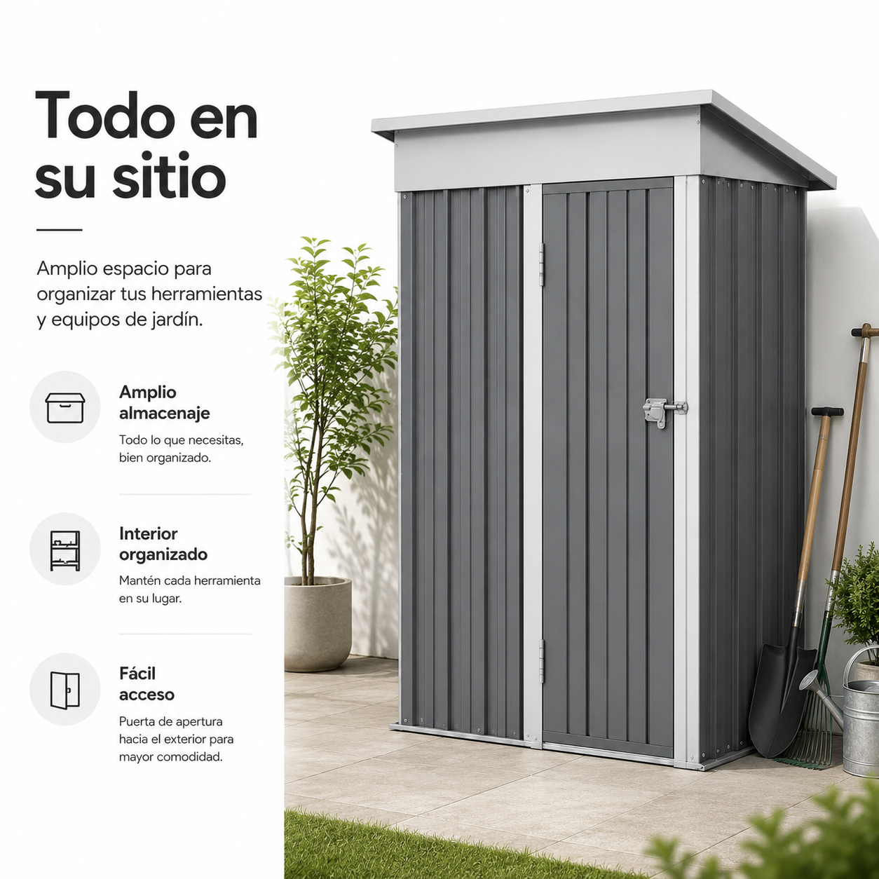 Un cobertizo de jardín gris en un patio con herramientas y texto en español.