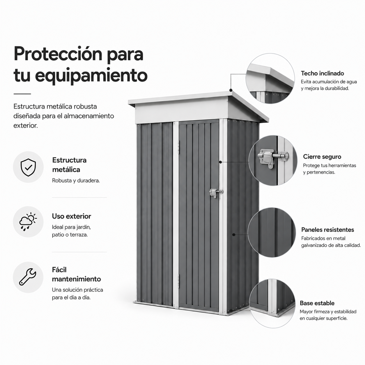 Caseta de metal gris para exteriores con techo inclinado, cerradura y detalles de características.
