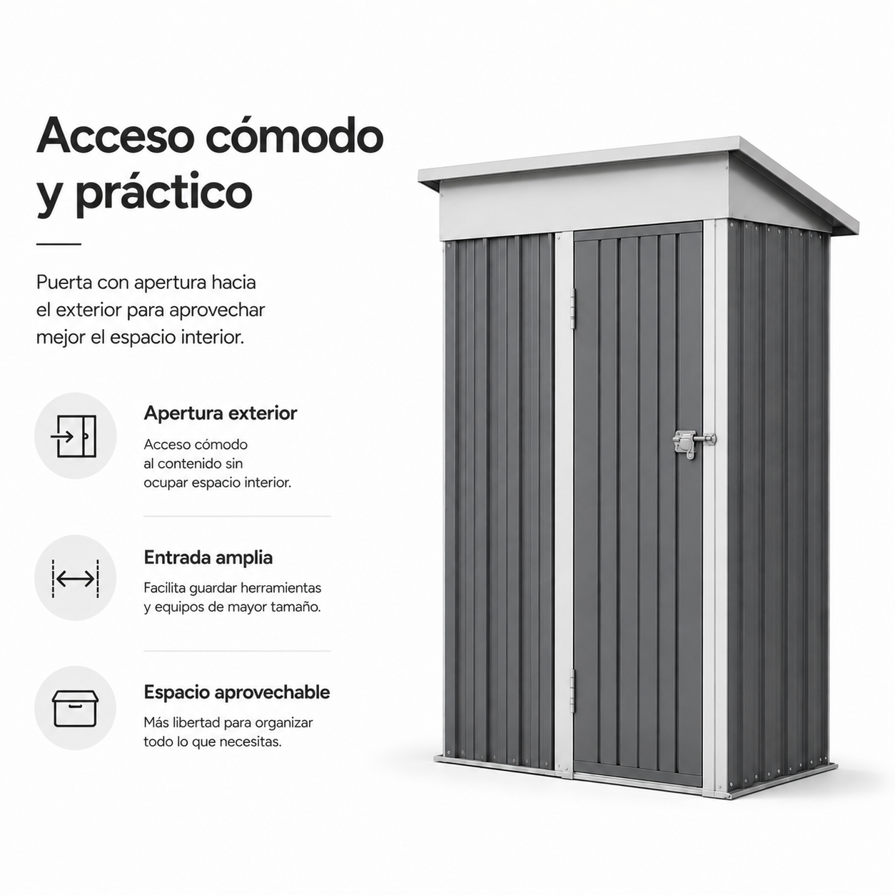 Cobertizo de jardín de metal gris con techo inclinado y puerta, acompañado de texto en español.