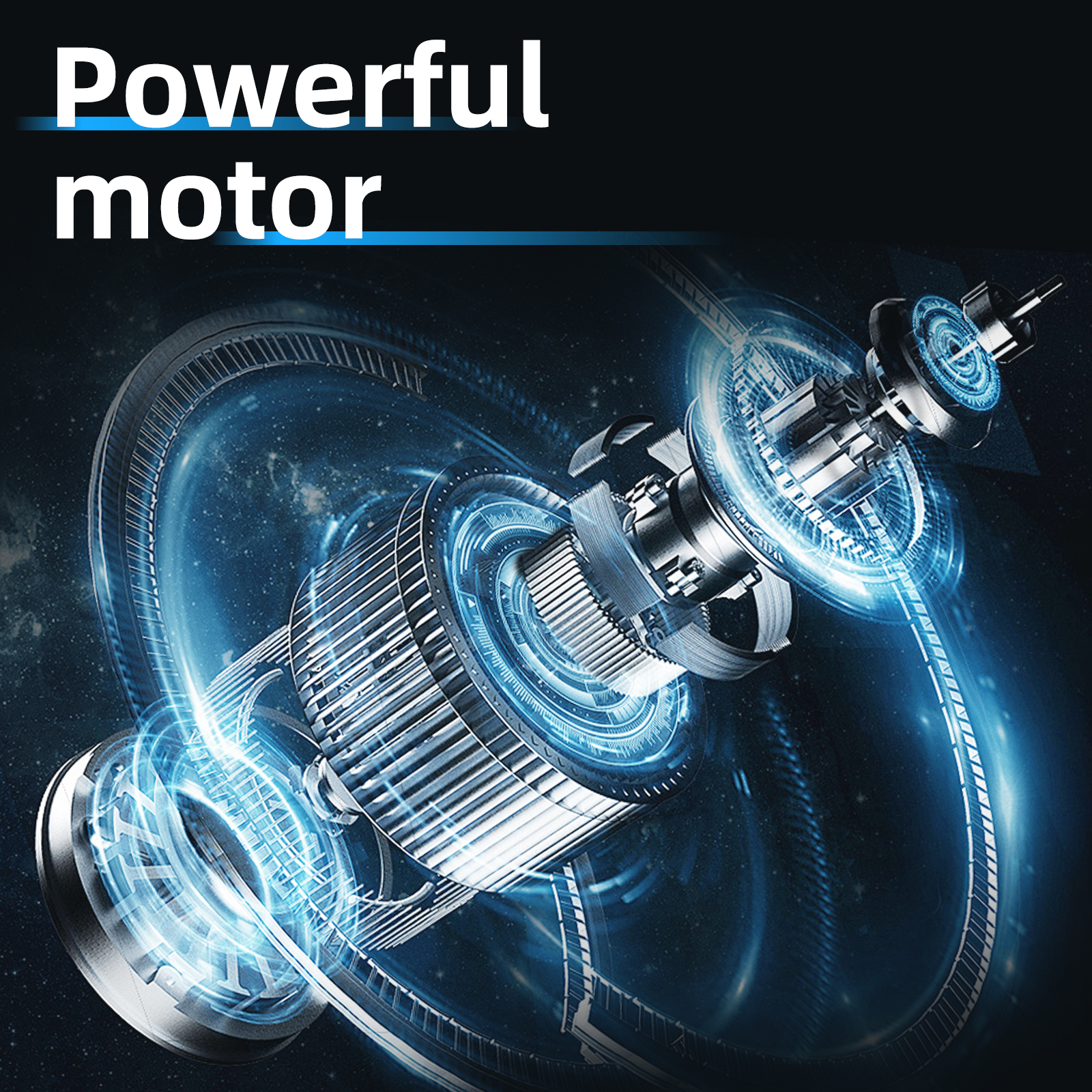 Un gráfico futurista muestra un motor azul con engranajes y el texto "Powerful motor".
