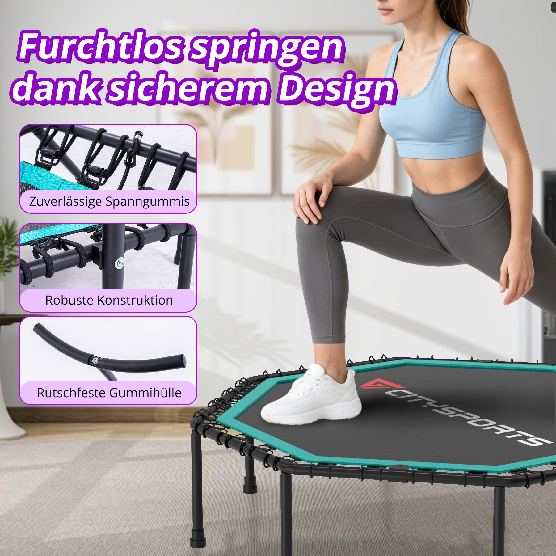 Eine Frau trainiert auf einem Citysports Trampolin mit Detailbildern zur sicheren Konstruktion.