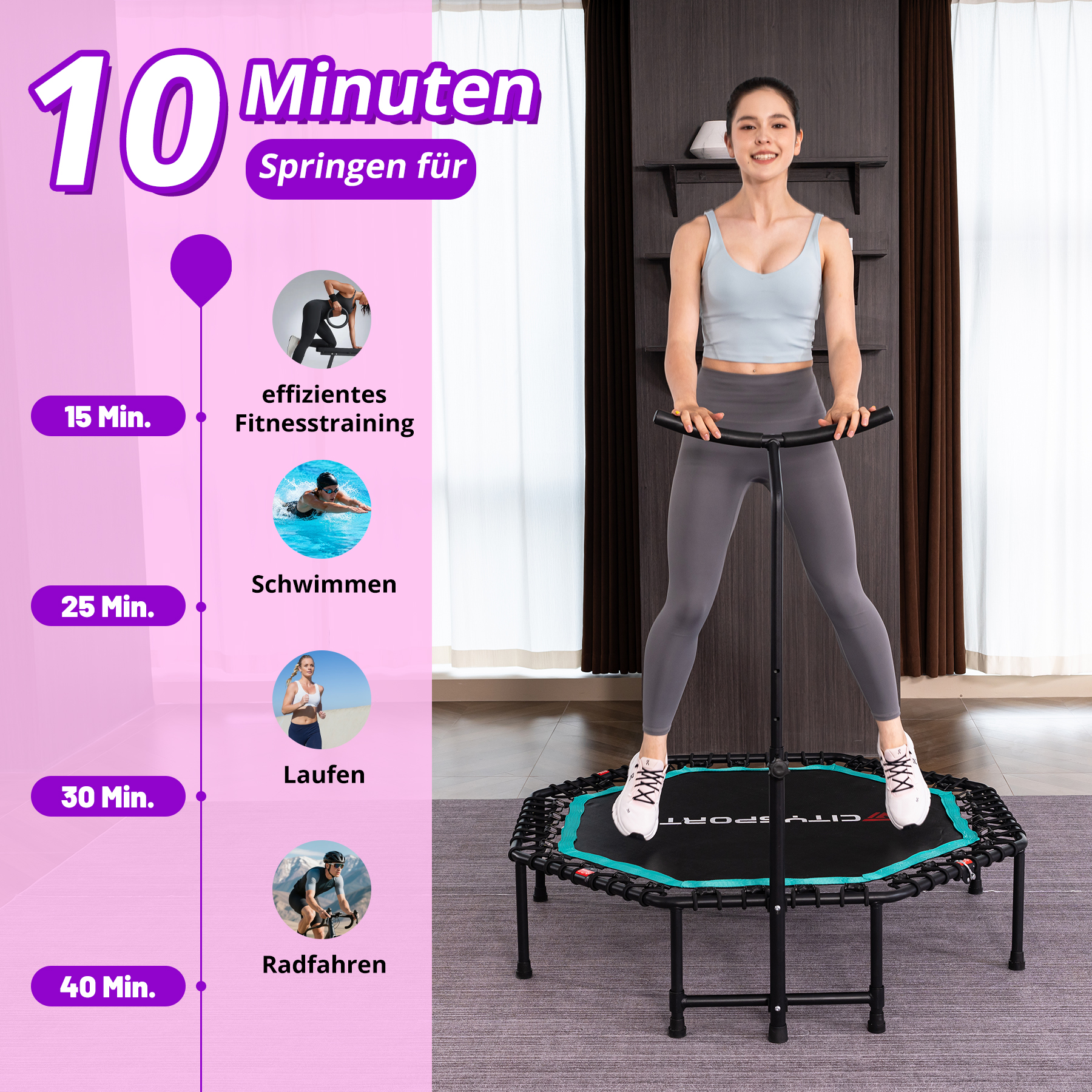 Eine lächelnde Frau in Sportkleidung springt auf einem Minitrampolin, links eine Infografik mit Trainingszeiten.
