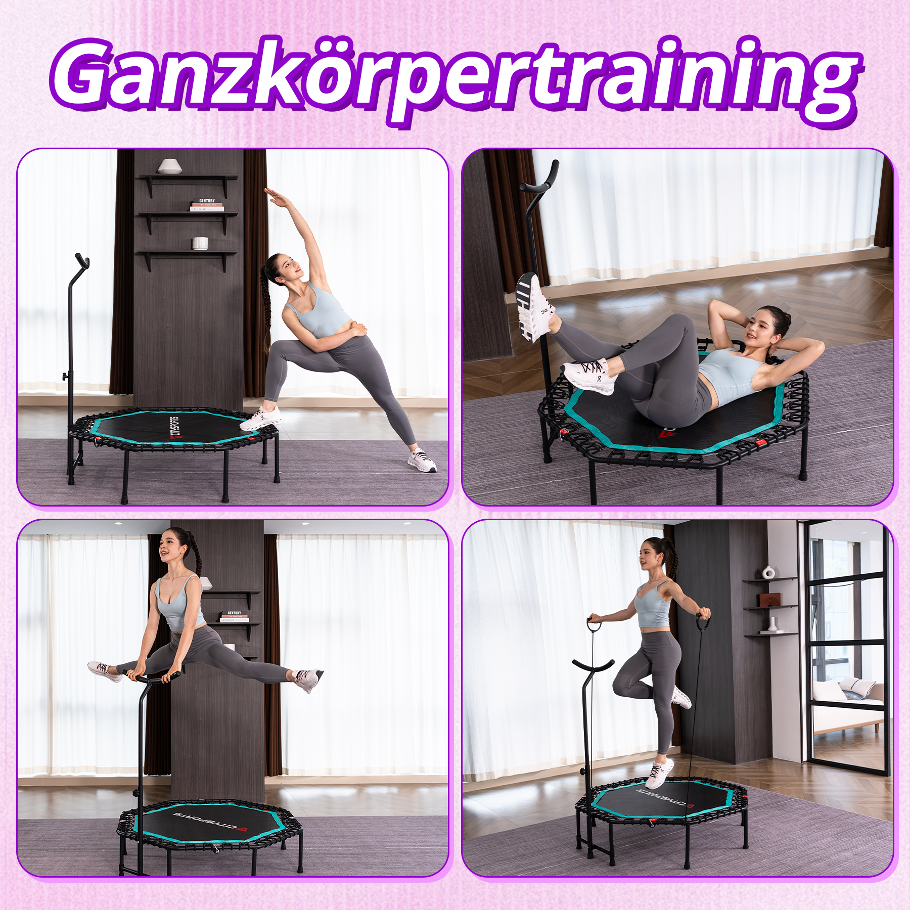 Vier Bilder zeigen eine Frau, die verschiedene Fitnessübungen auf einem Minitrampolin mit Haltegriff macht.