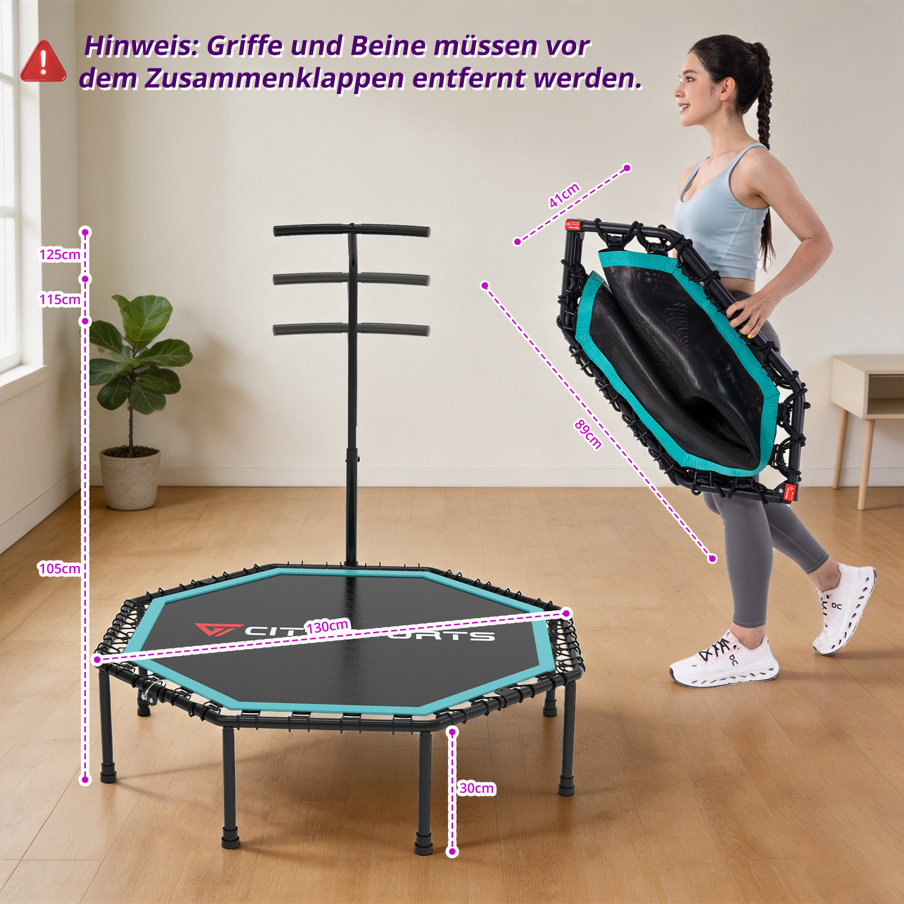 Eine Frau hält ein zusammengeklapptes Trampolin. Im Vordergrund steht ein aufgebautes Trampolin mit Haltegriff.