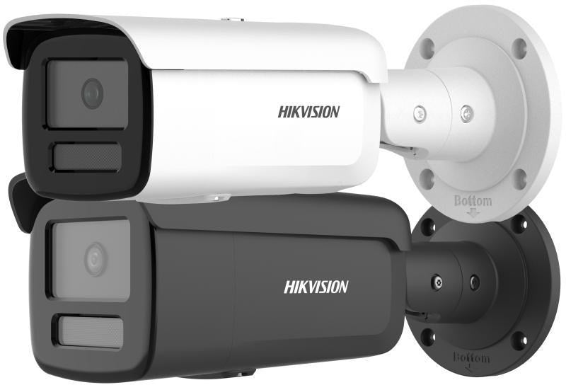 Due telecamere di sicurezza Hikvision, una bianca e una nera, montate su basi rotonde su sfondo neutro.