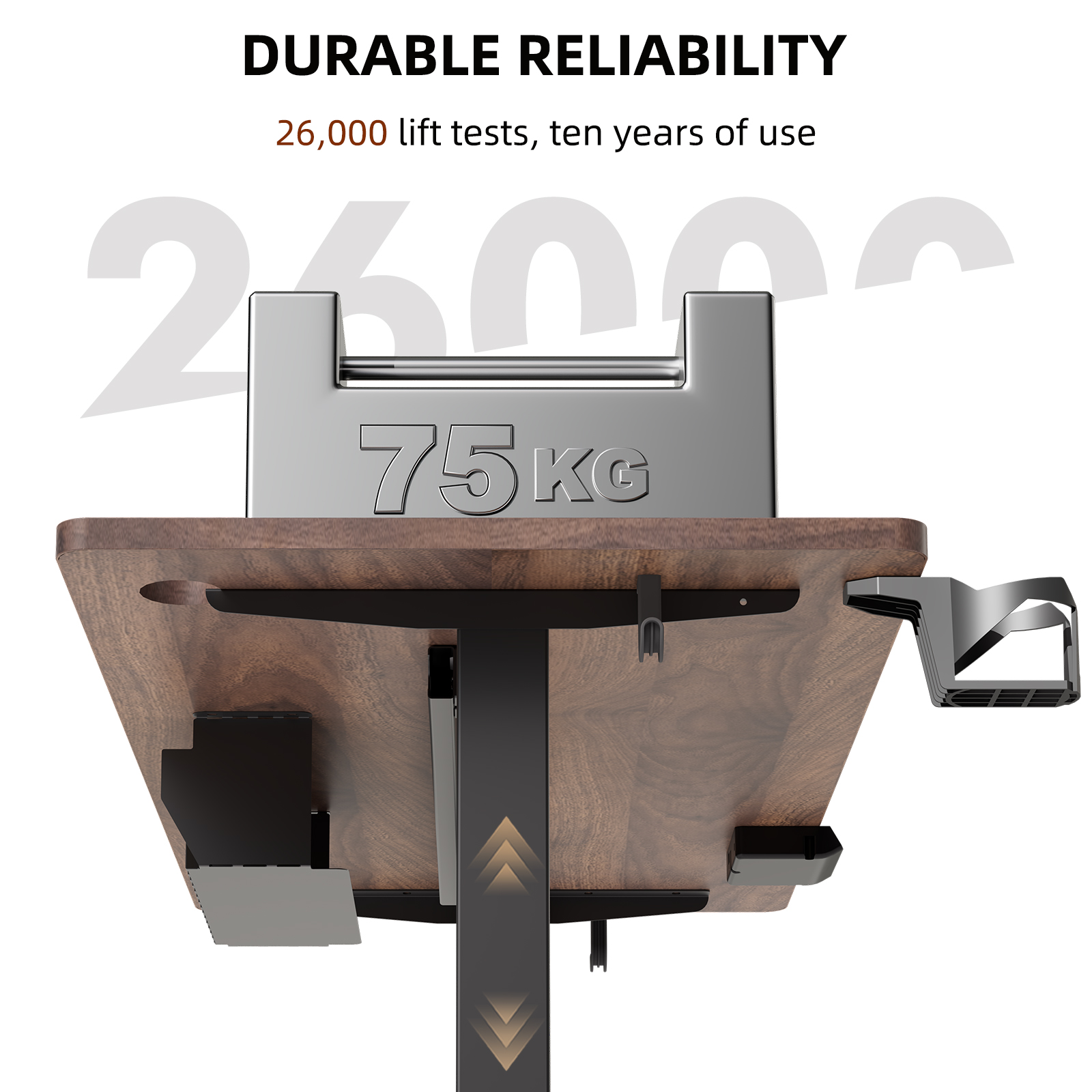 Un bloque de 75 kg descansa sobre un escritorio bajo el texto Durable Reliability.