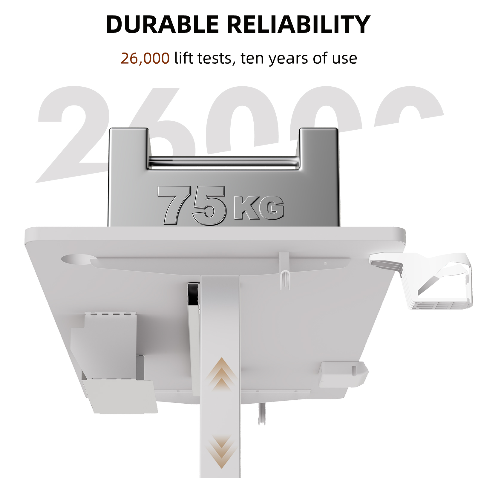 Un peso de metal de 75 kg descansa sobre un escritorio blanco con texto arriba: Durable Reliability.