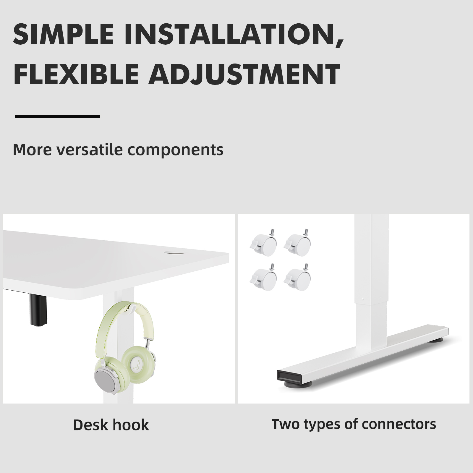La imagen muestra un escritorio con gancho para auriculares y ruedas como componentes flexibles.