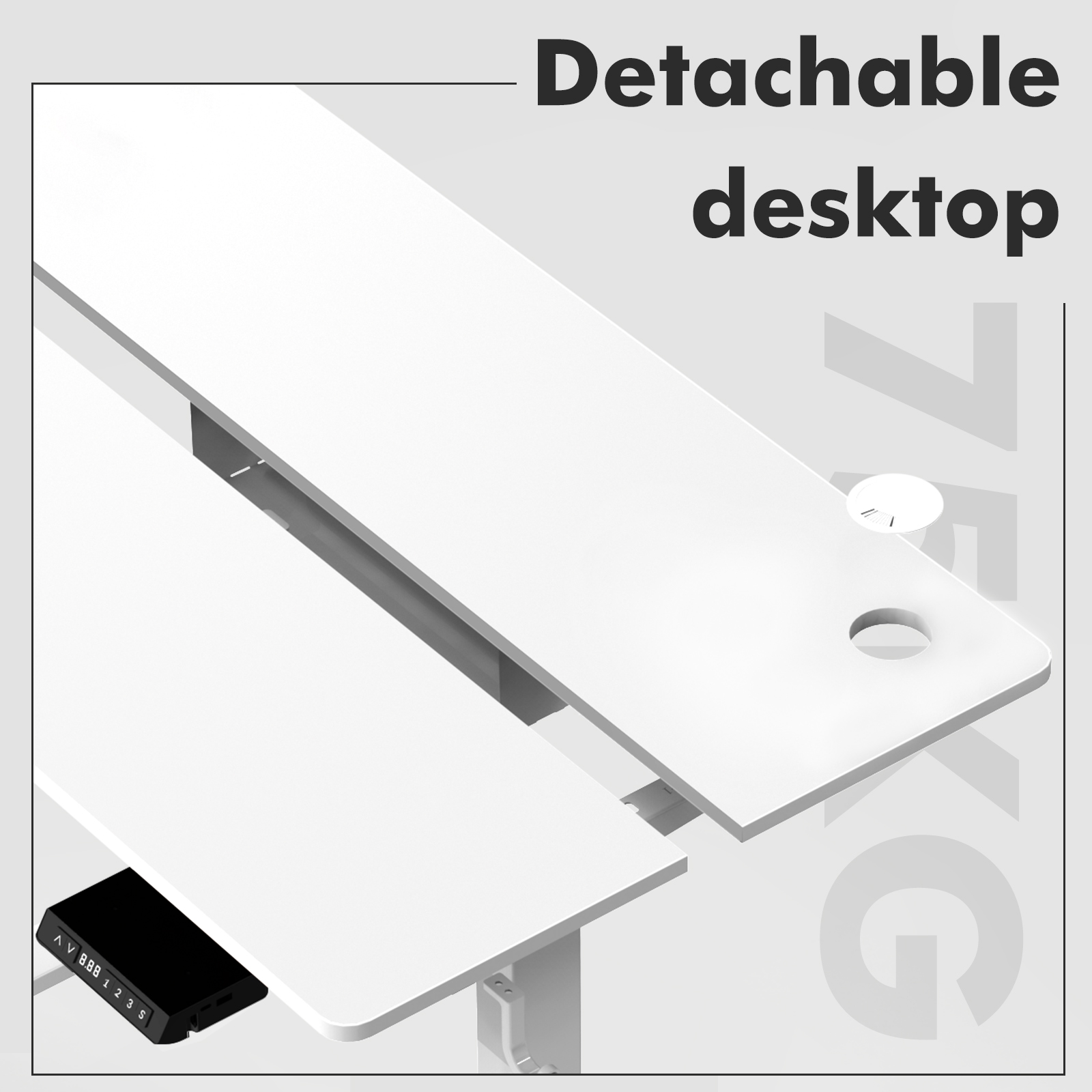 Tablero de escritorio blanco dividido con panel de control integrado y pasacables.