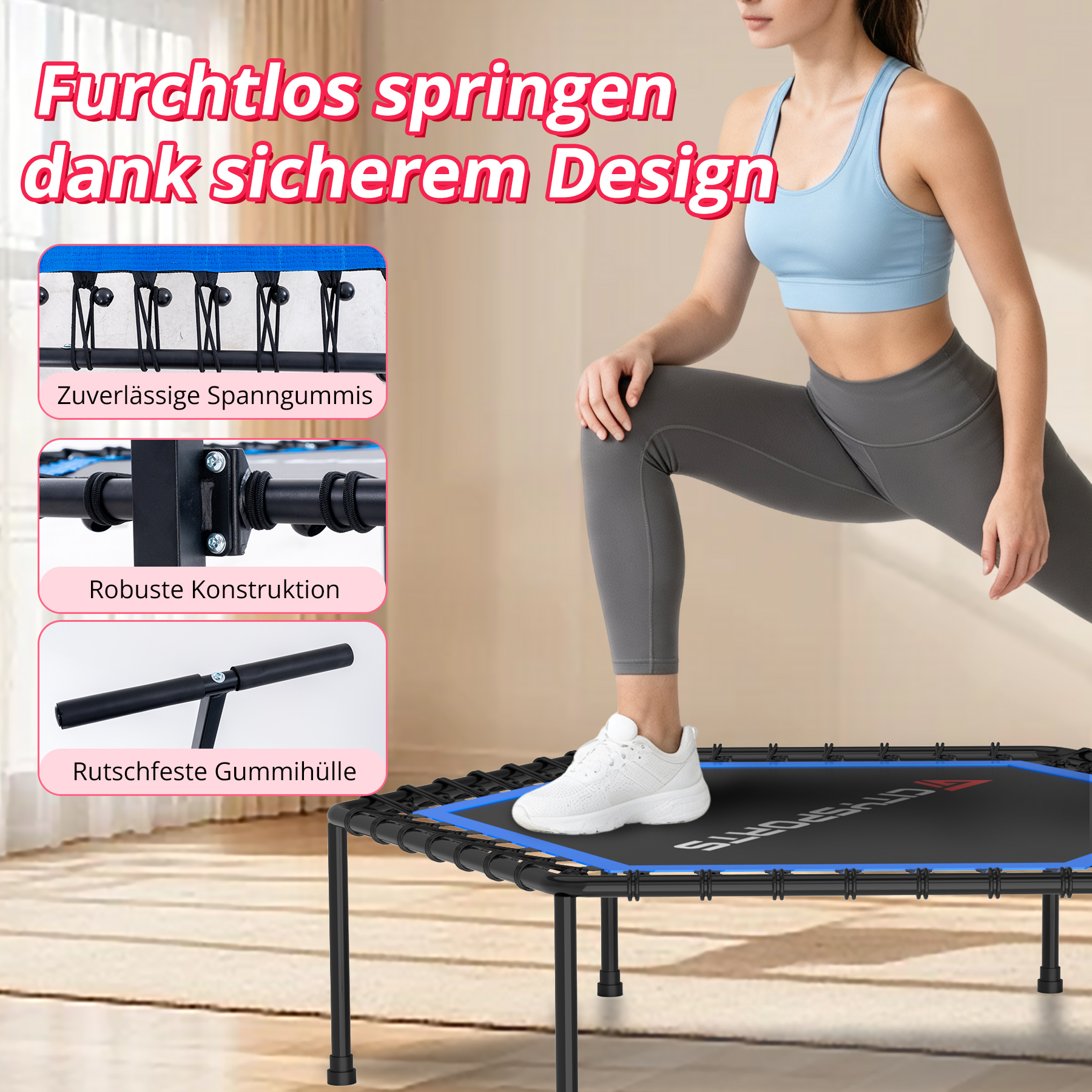 Eine Frau in Sportkleidung kniet auf einem Mini-Trampolin mit Bungee-Seilen und robustem Stahlrahmen.