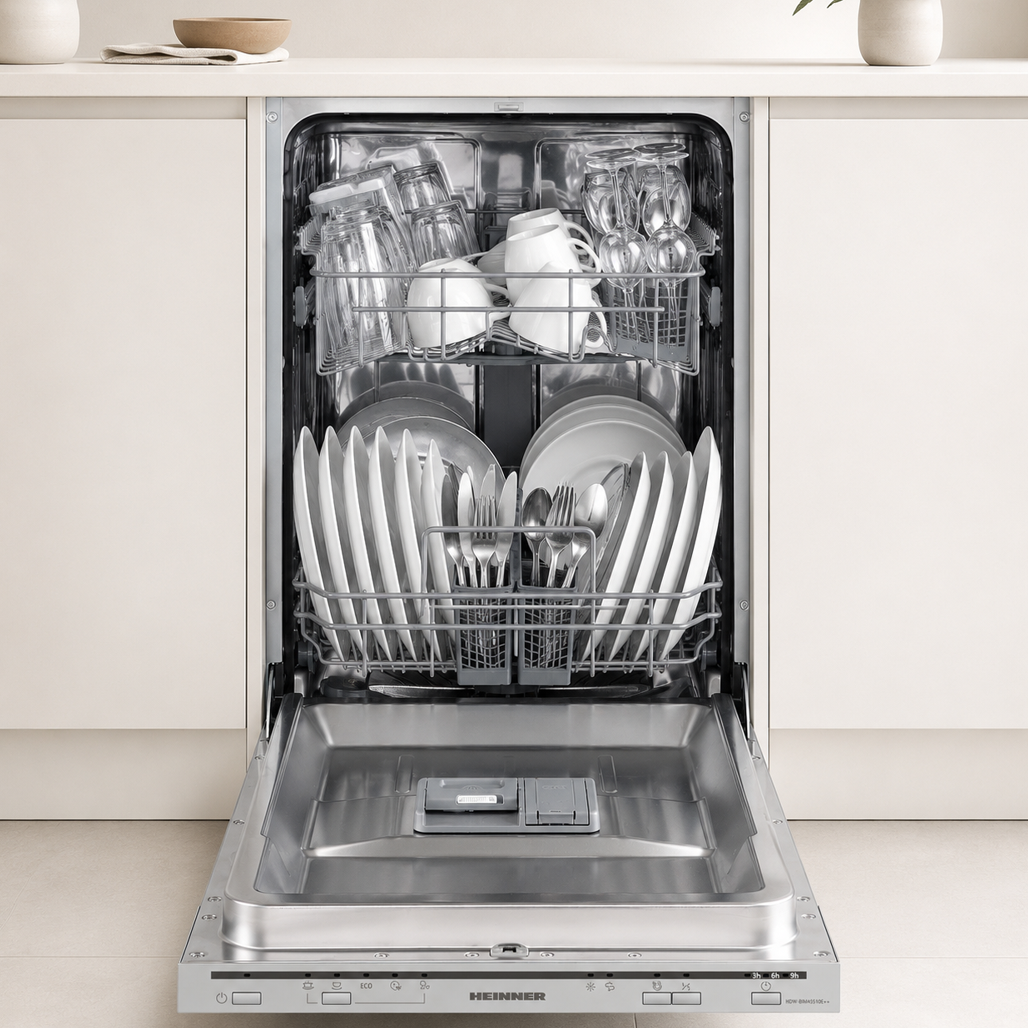 Een open vaatwasser gevuld met schone borden, kopjes, glazen en bestek in een moderne keuken.