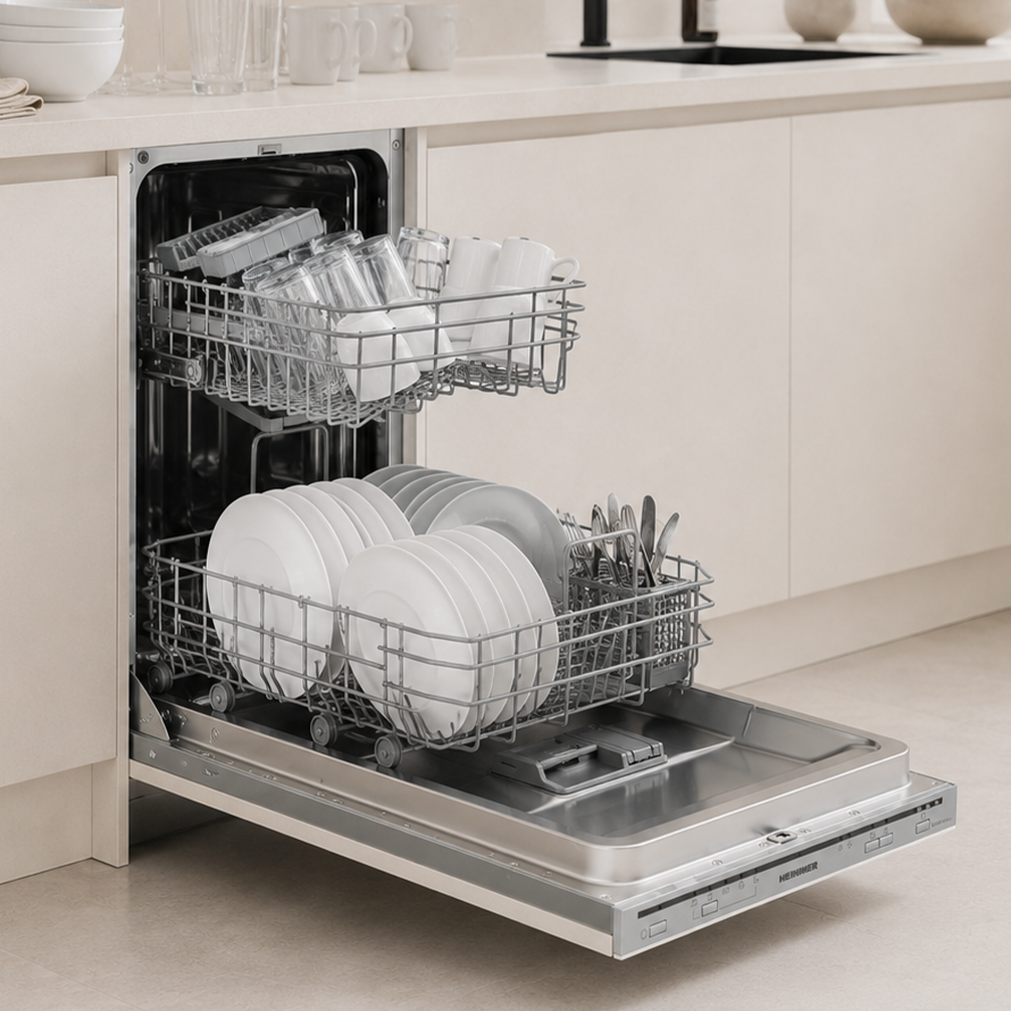 Open vaatwasser in een moderne keuken, gevuld met schone borden, glazen en bestek.