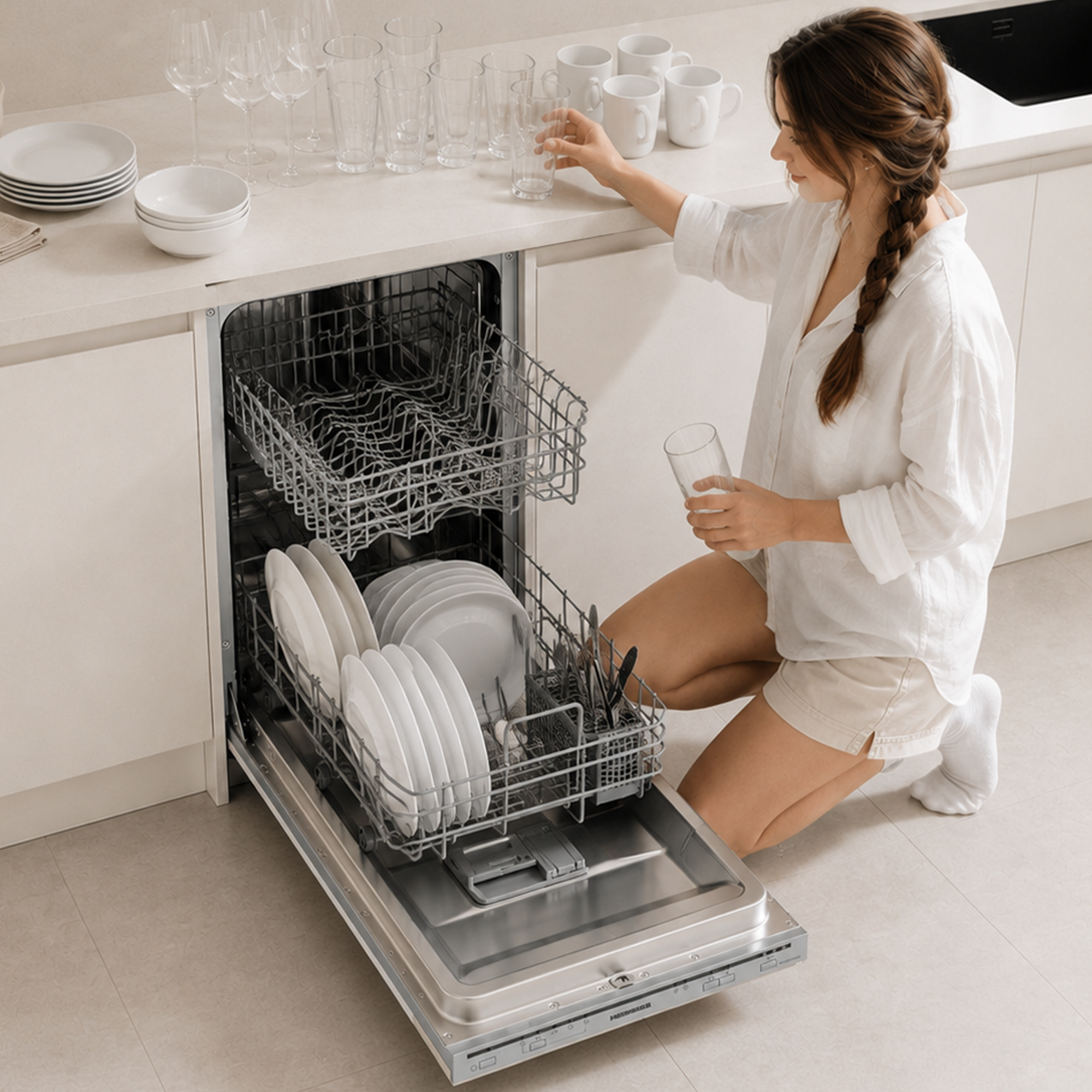 Een vrouw in witte kleding knielt bij een open vaatwasser en houdt een glas vast.