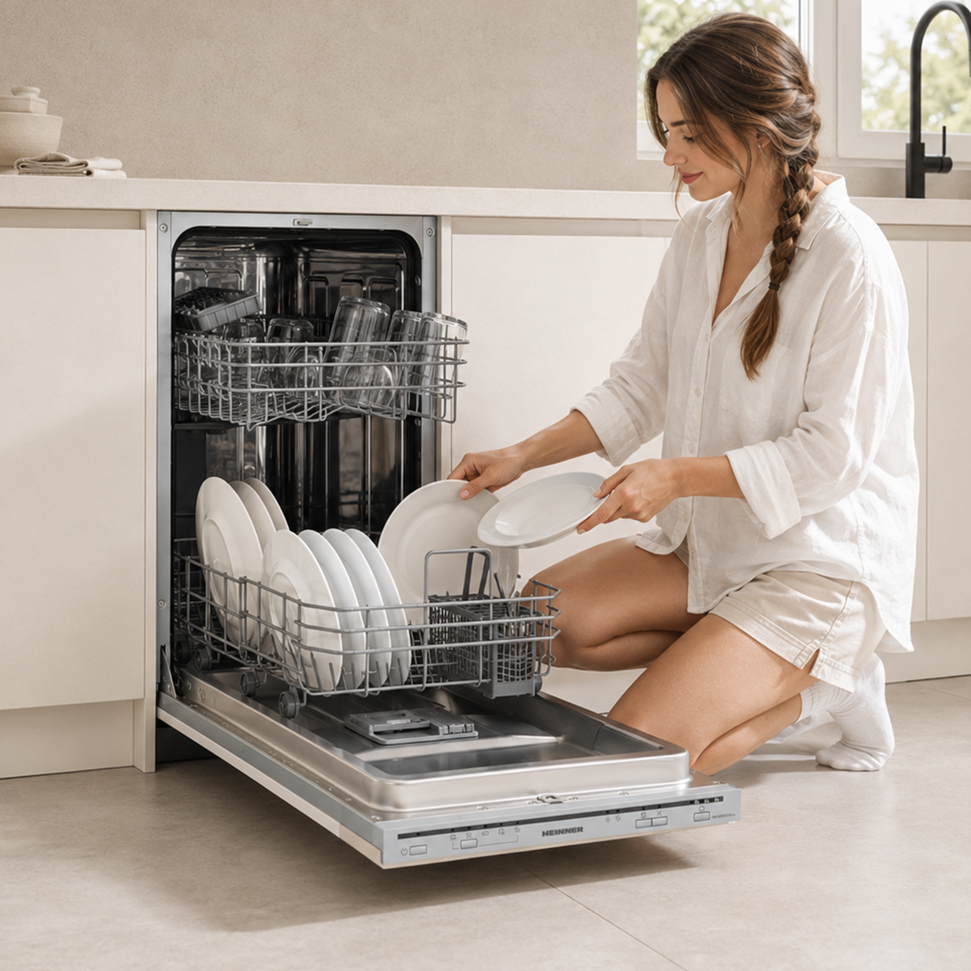 Een vrouw in witte kleding knielt bij een open vaatwasser en ruimt witte borden in.