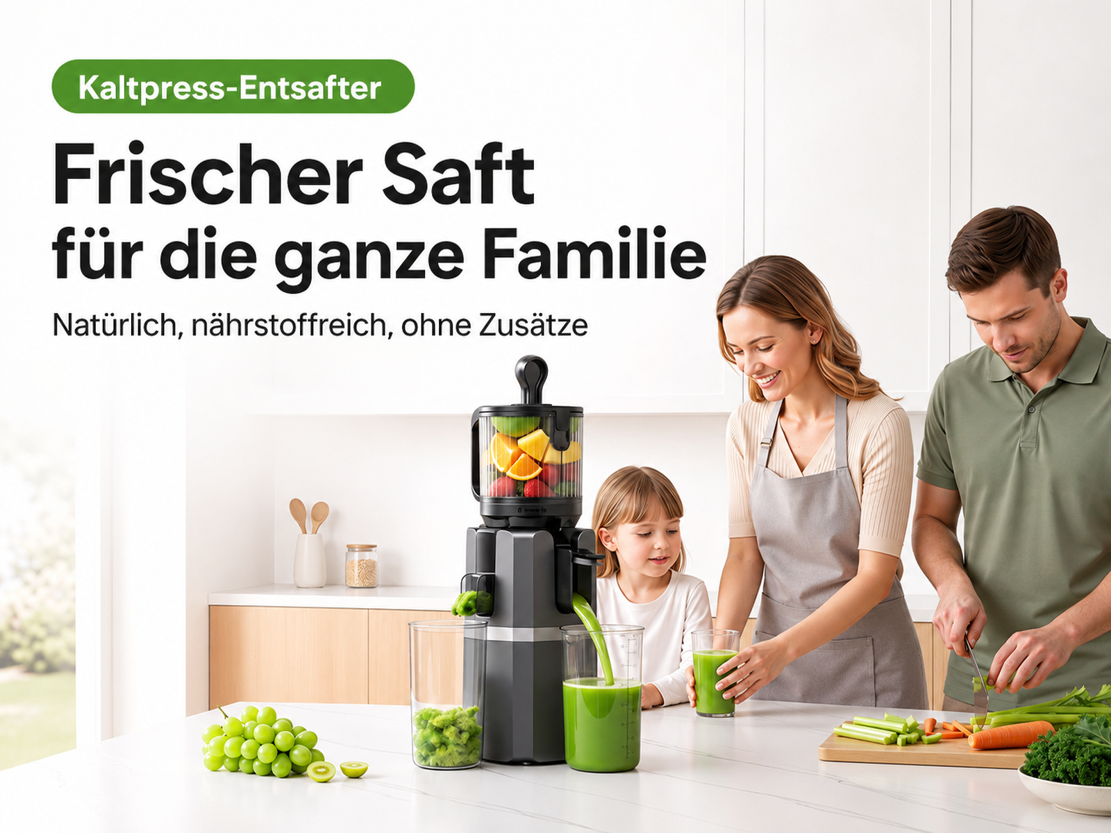 Familie in der Küche mit einem grauen Entsafter, der grünen Saft in ein Glas füllt, und frischem Gemüse auf dem Tisch.