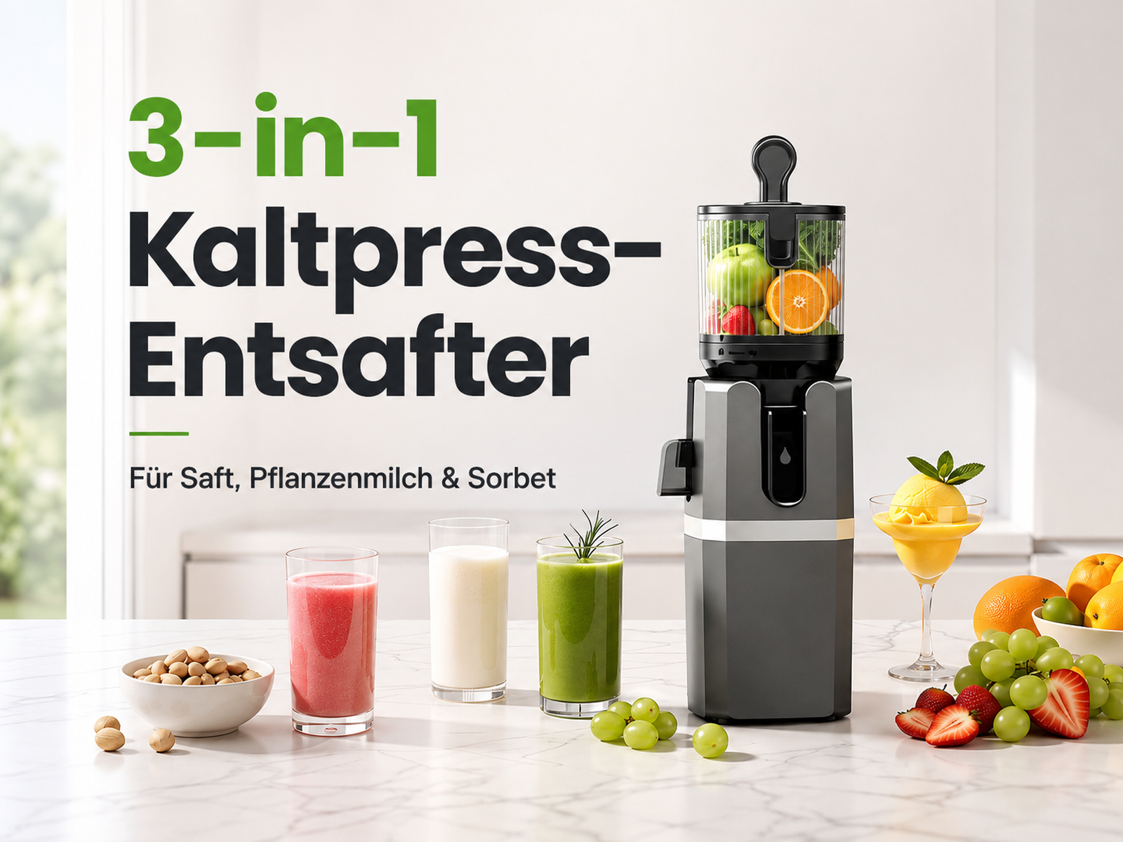 Ein Kaltpress-Entsafter auf einer Theke mit Gläsern voller Säften und frischem Obst.