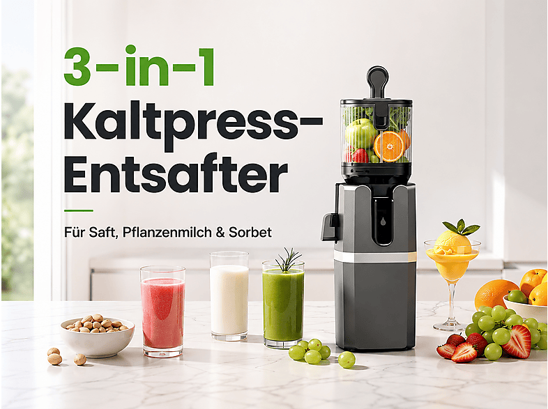 BRIGHTAKE 3-in-1 Kaltpressend 72dB Slow Juicer 250 Watt, Schwarz
