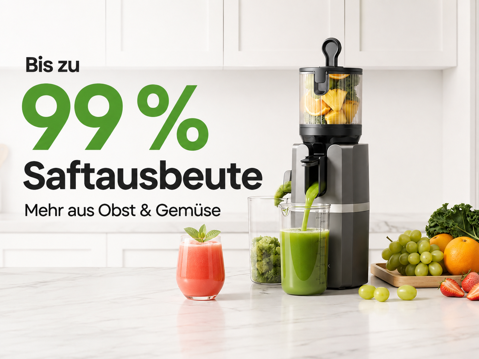 Ein Entsafter gießt grünen Saft in ein Glas, mit Obst, Gemüse und Werbetext auf einer weißen Küchentheke.