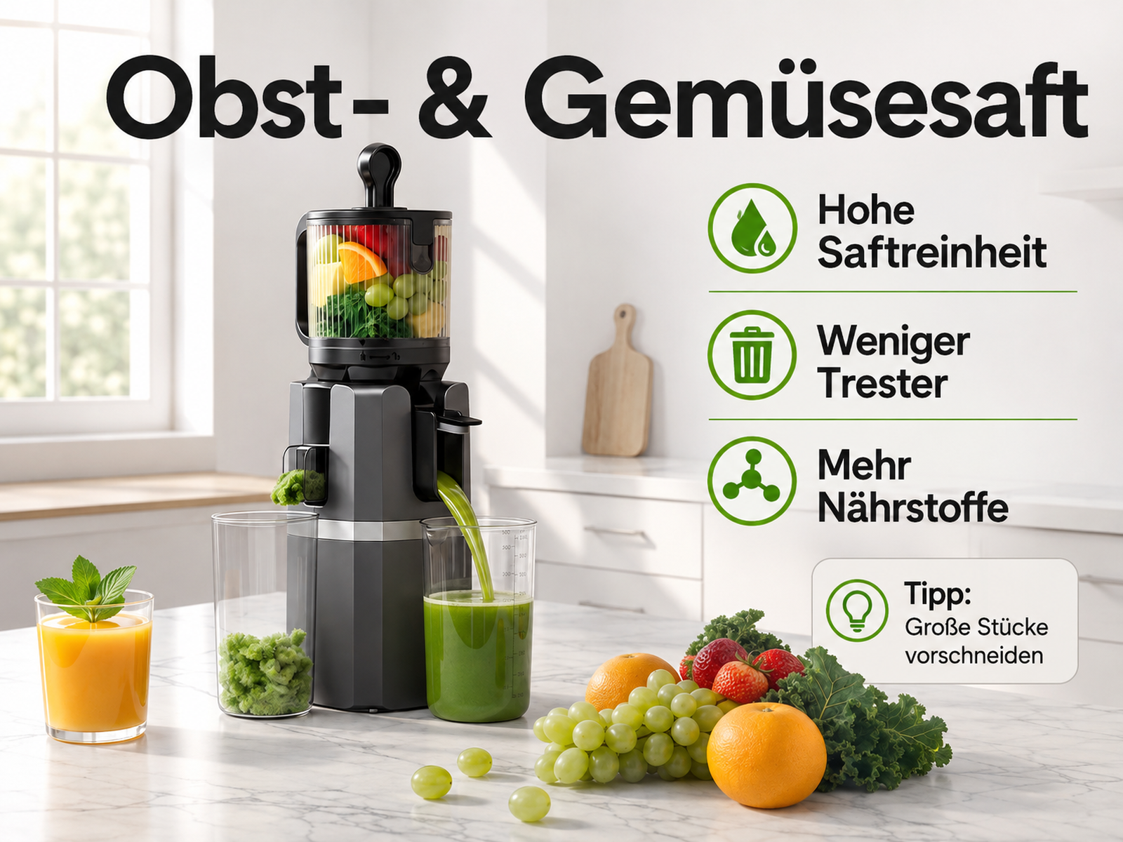 Moderne graue Saftpresse auf einer Küchenarbeitsplatte mit frischem Obst und Gemüse sowie Textgrafiken.