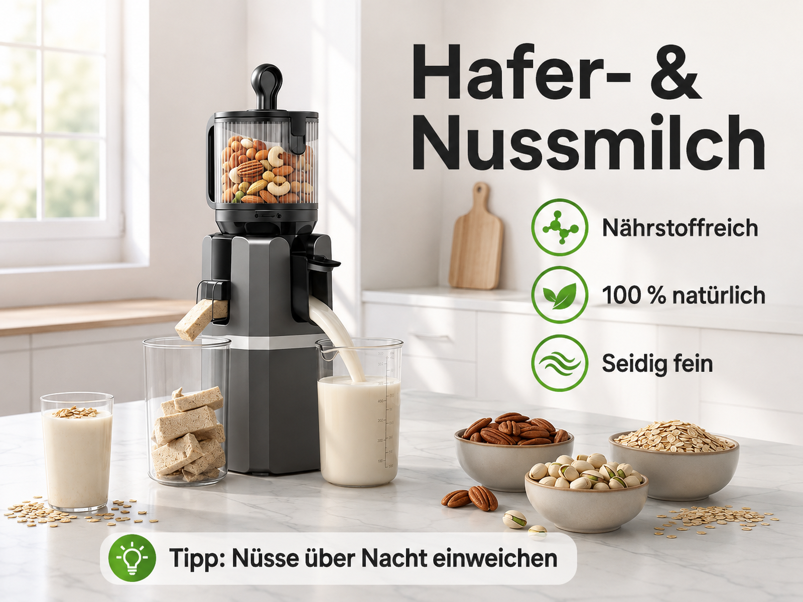 Moderne Milchmaschine auf einer Küchentheke mit Nüssen, Haferflocken und frischer Nussmilch.