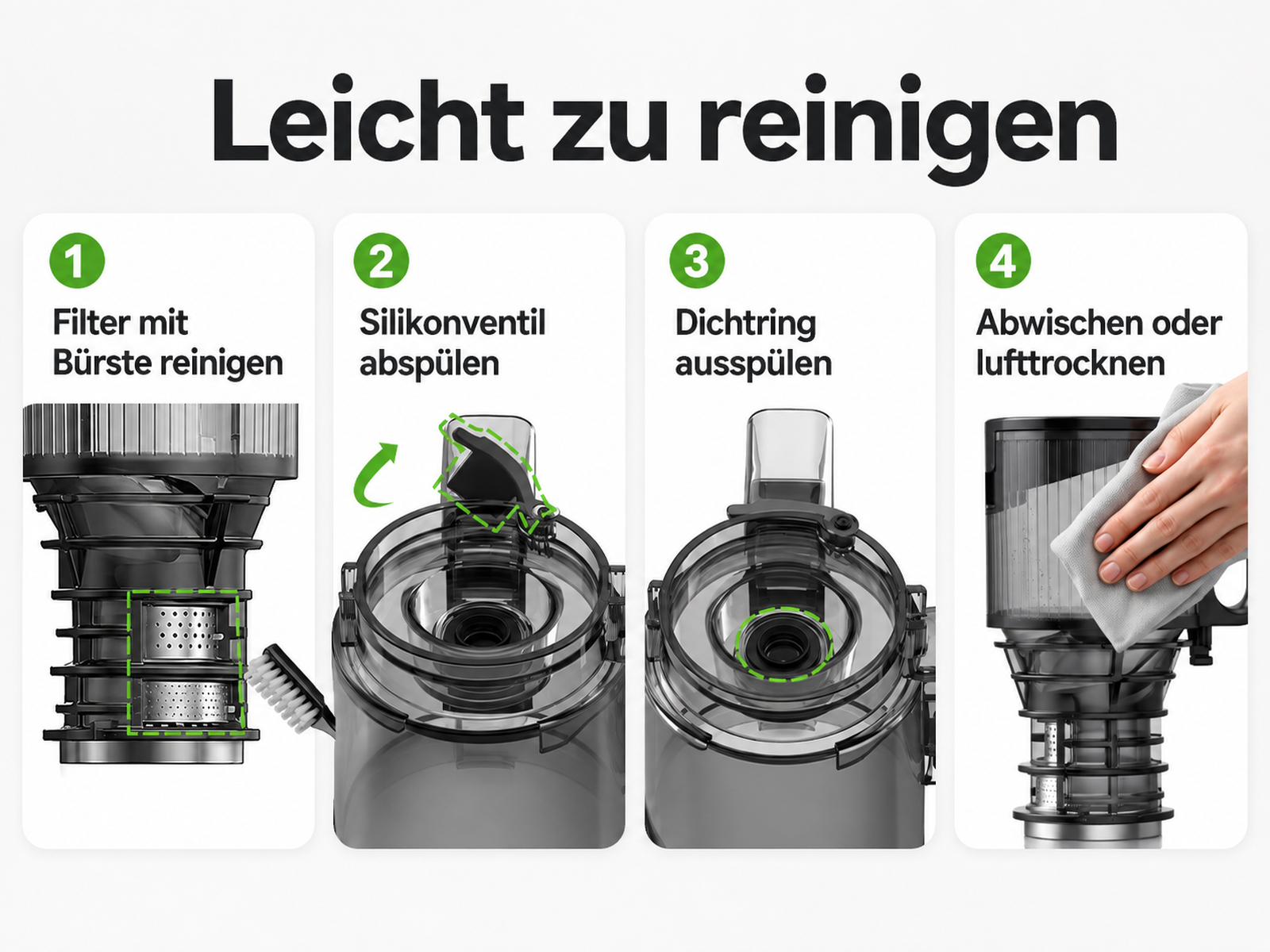 Vierstufige Anleitung zur Reinigung eines Entsafterteils mit Bürste, Spülen von Ventilen und Dichtungen sowie Abwischen.