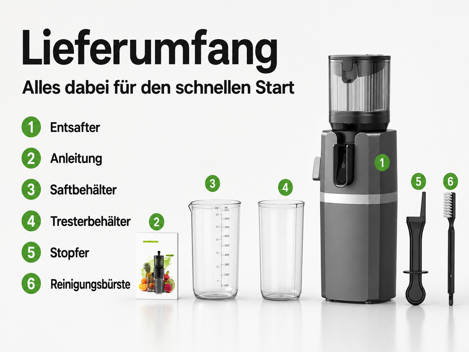 Lieferumfang eines Entsafters mit Zubehör wie Anleitung, Behältern, Stopfer und Bürste.