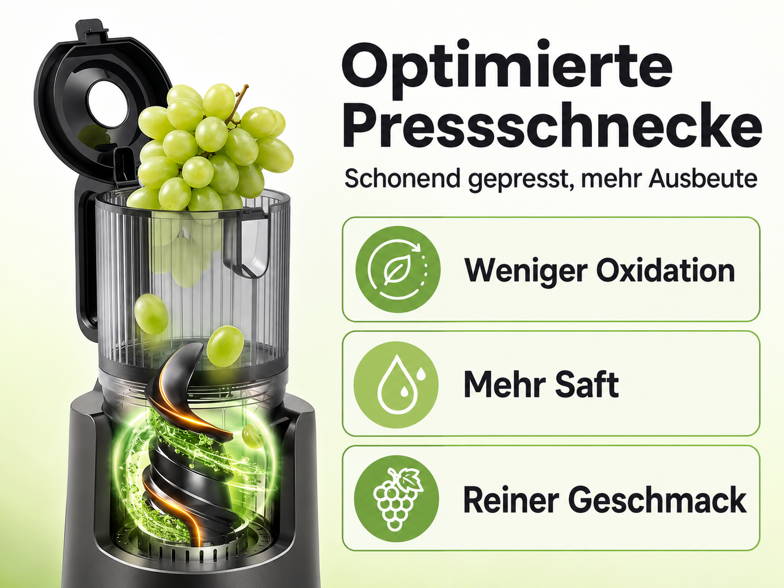 Eine Saftpresse mit grünen Trauben und drei Textfeldern mit Vorteilen auf Deutsch.