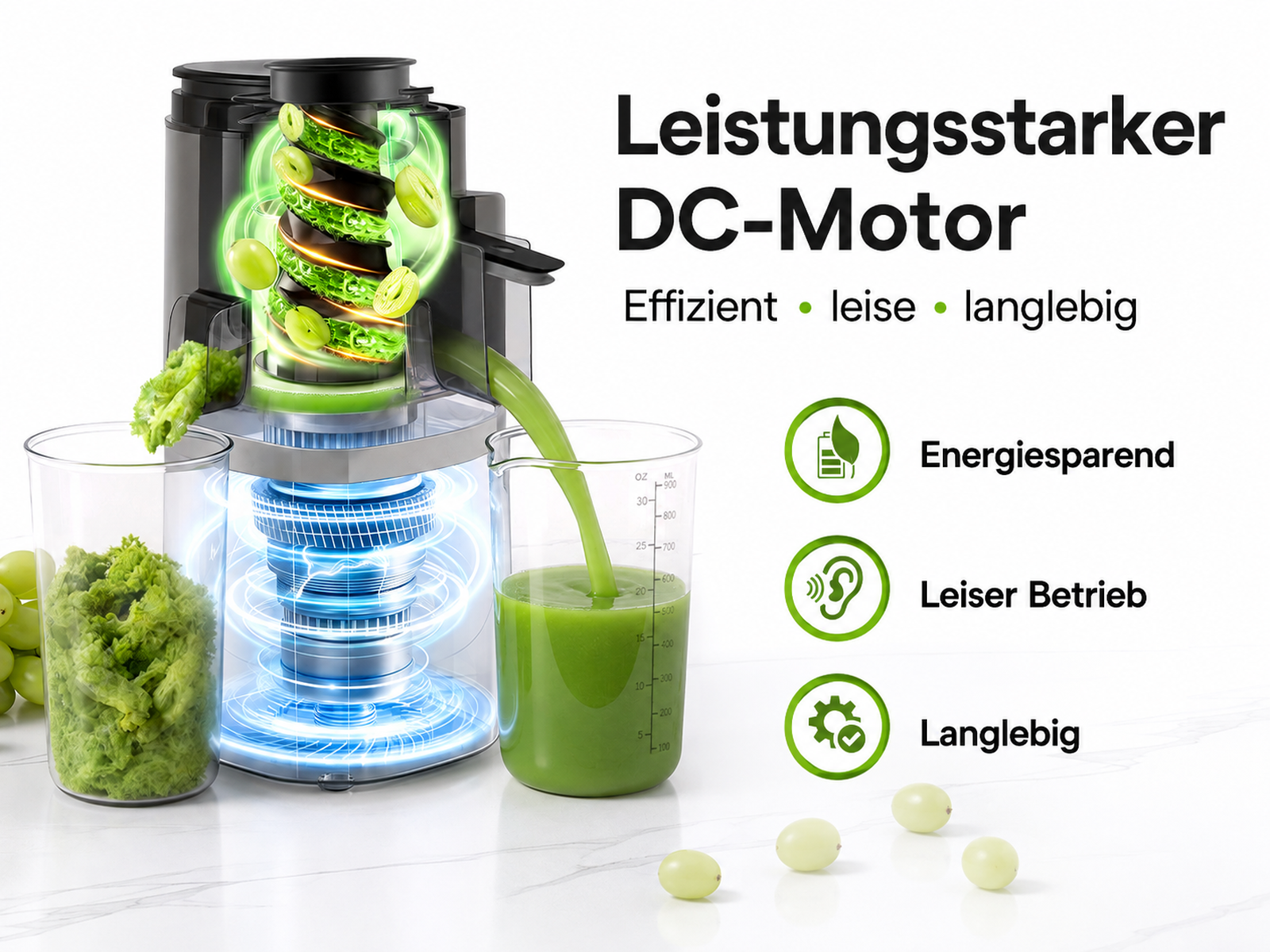Ein schwarzer Entsafter presst Trauben, Saft fließt in einen Becher, Text zeigt Motorvorteile.