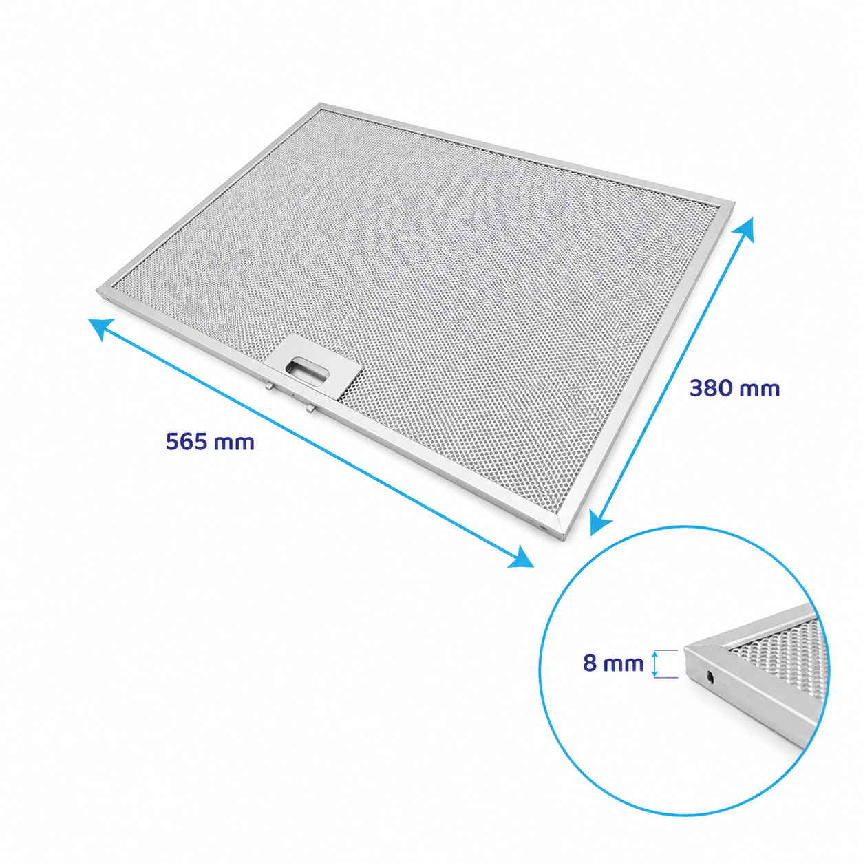Rechteckiger Dunstabzugshaubenfilter aus Metall mit den Maßen 565x380x8 mm auf weißem Hintergrund.