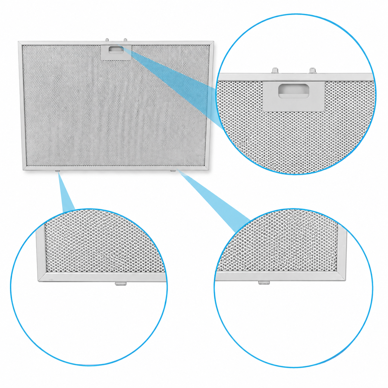 Ein rechteckiger Fettfilter aus Metallgitter mit drei vergrößerten Ausschnitten.