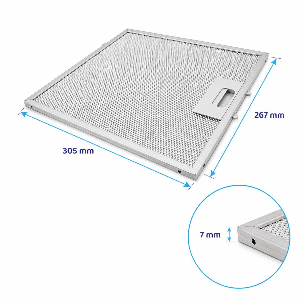 Metall-Dunstabzugshaubenfilter mit Maßen von 305x267x7 mm und integriertem Griff.