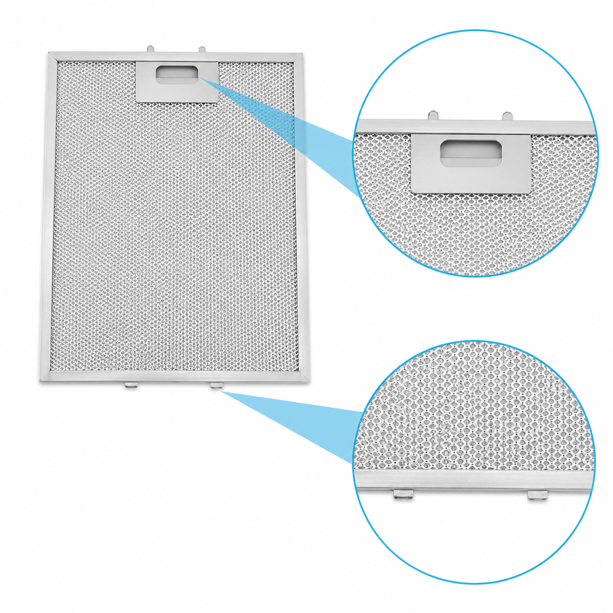 Ein rechteckiger Fettfilter aus Metallgitter mit zwei vergrößerten kreisrundten Ausschnitten.