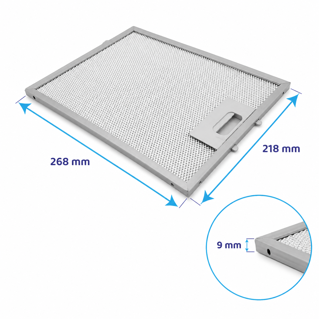 Rechteckiger, silberner Dunstabzugshaubenfilter mit Maßen 268x218x9 mm.