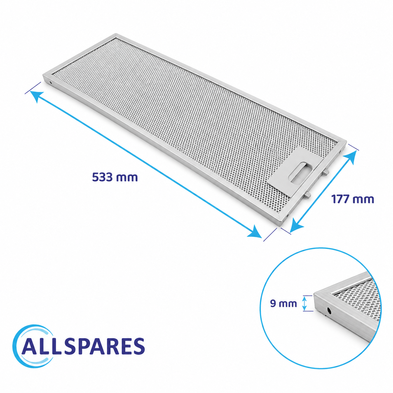 Filtro per cappa rettangolare in acciaio inossidabile con dimensioni di 533x177x9 mm.