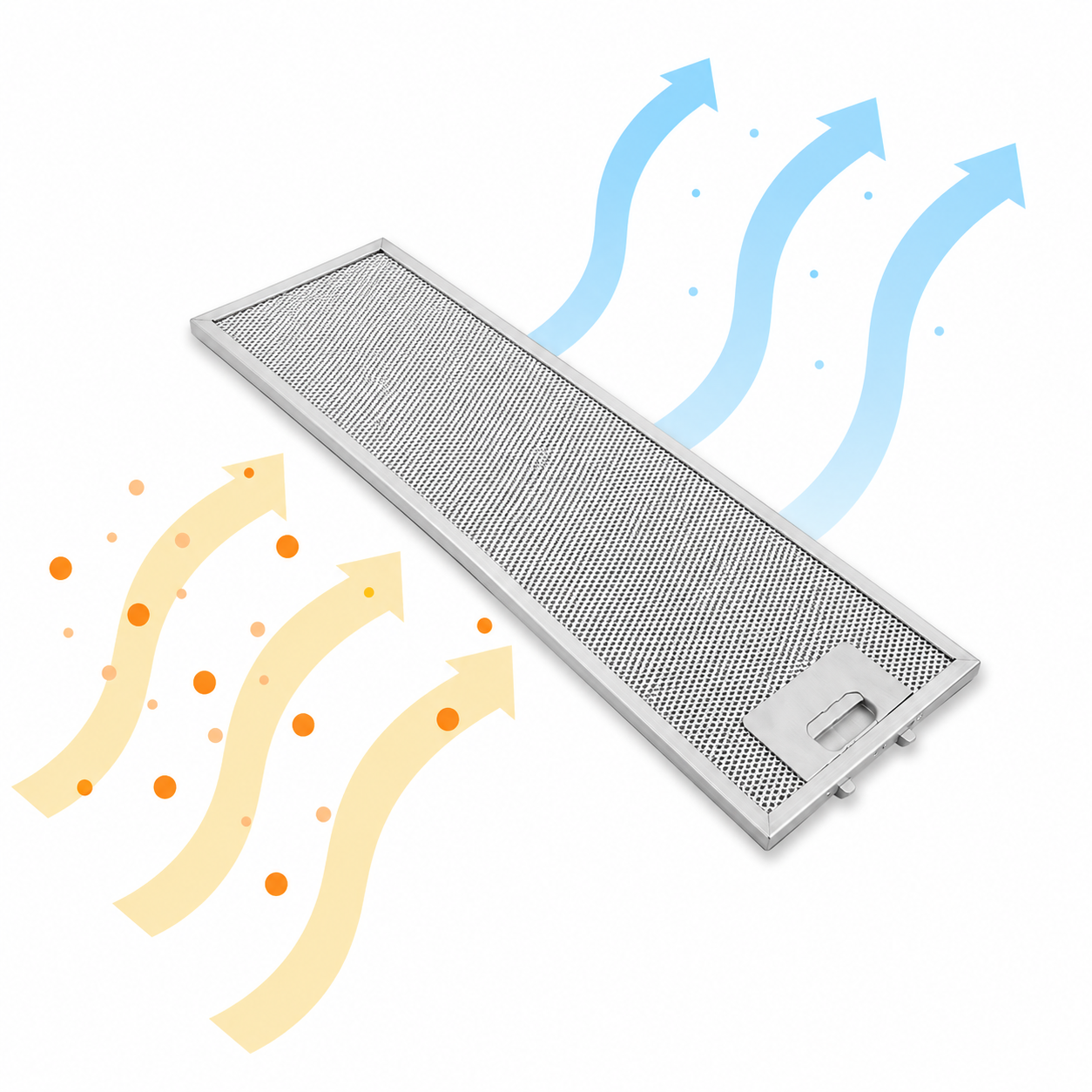 Un filtro metallico rettangolare con frecce gialle in basso e blu in alto.