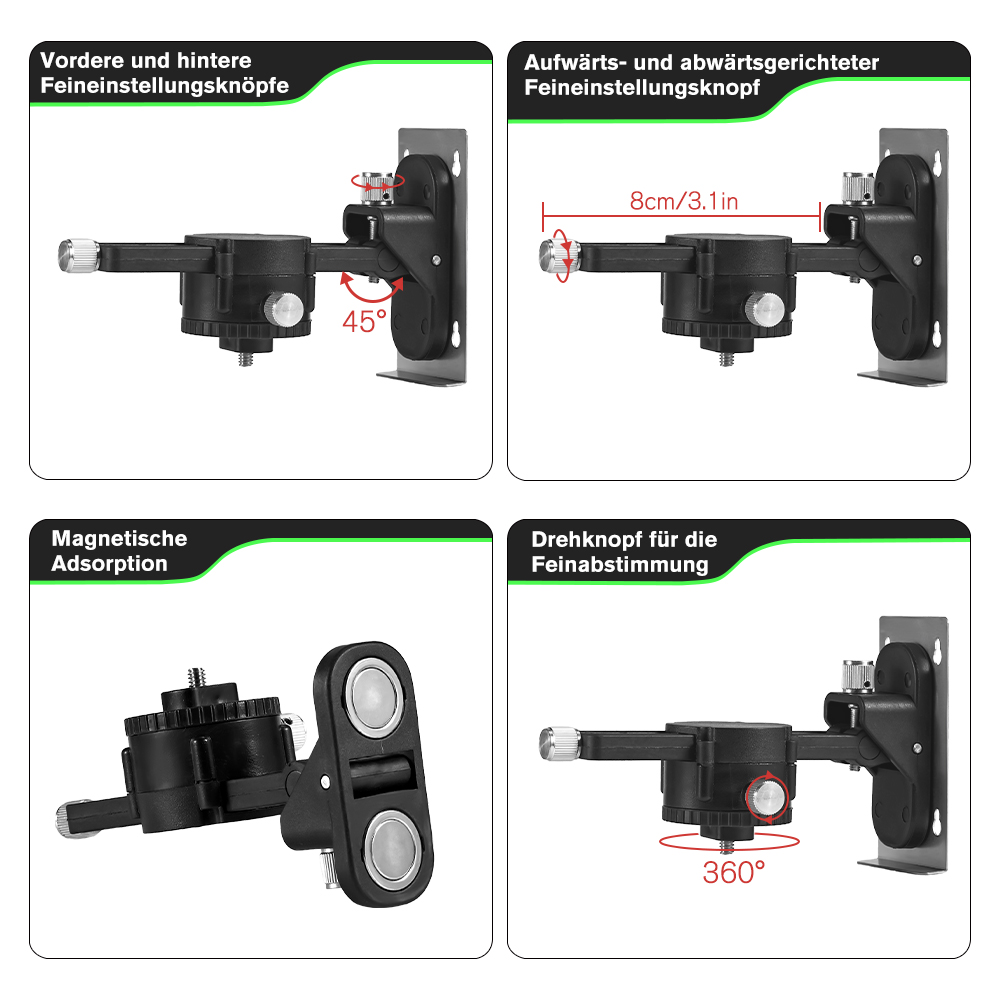 Cuatro diagramas muestran las características y opciones de ajuste de un soporte láser negro con base magnética.