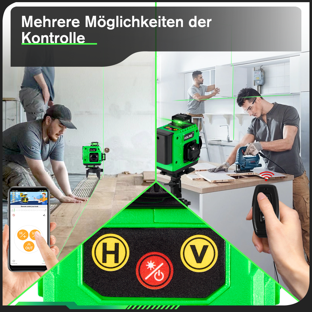 Nivel láser verde que muestra opciones de control con aplicación móvil, botones y control remoto.