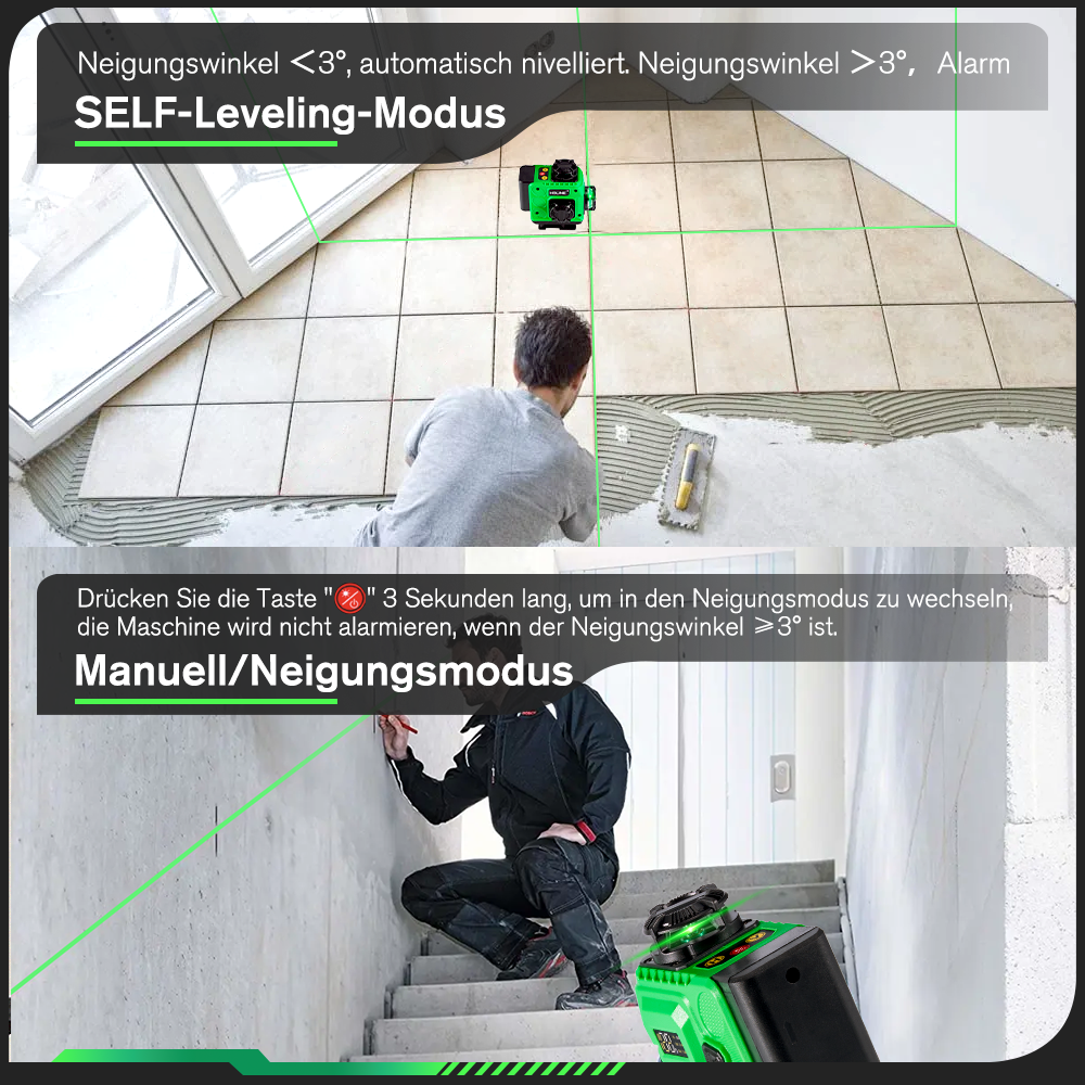 Un nivel láser verde muestra trabajos de azulejos autonivelantes y modo manual en escaleras.