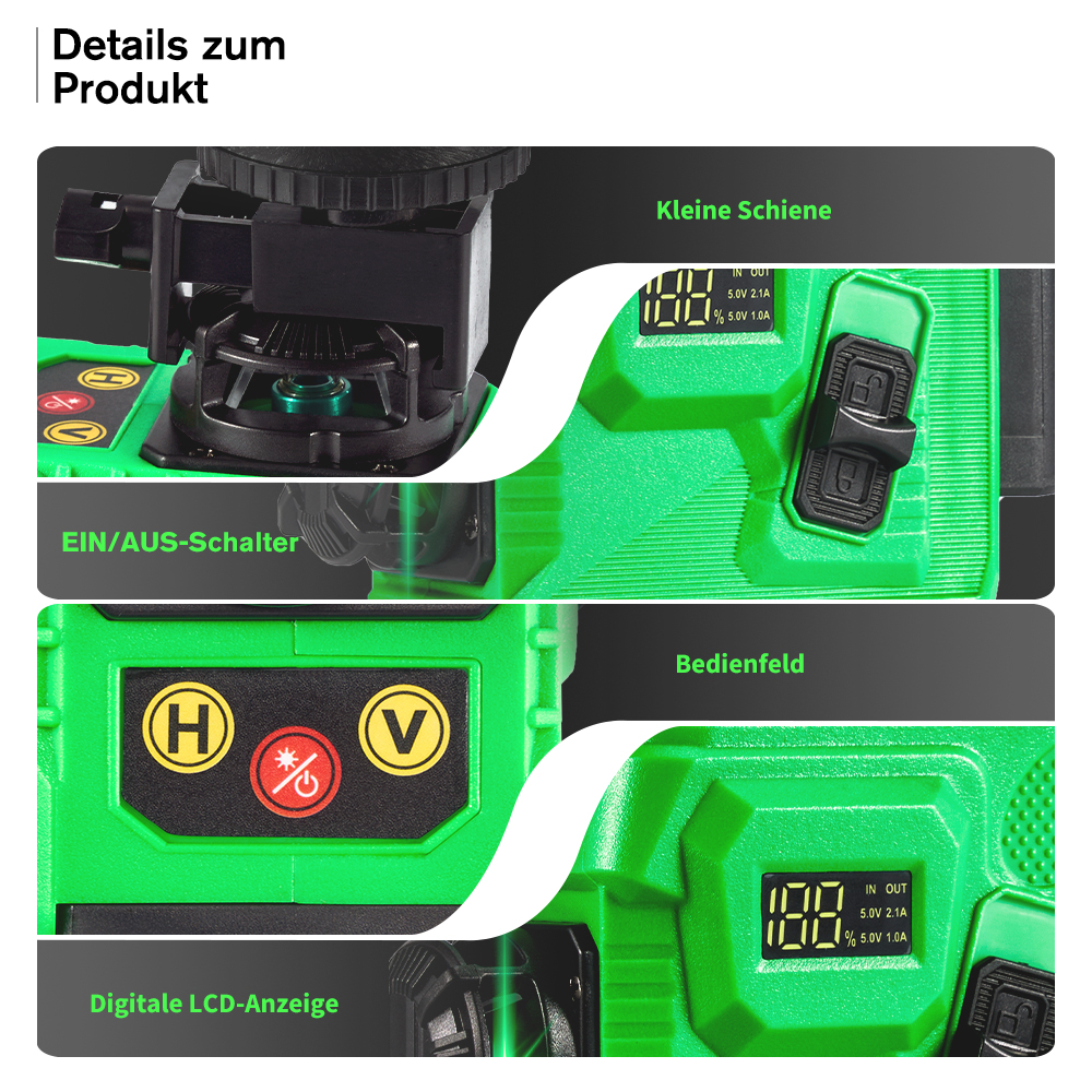 Detalles del producto de un dispositivo láser verde con riel, interruptor, panel de control y pantalla LCD.